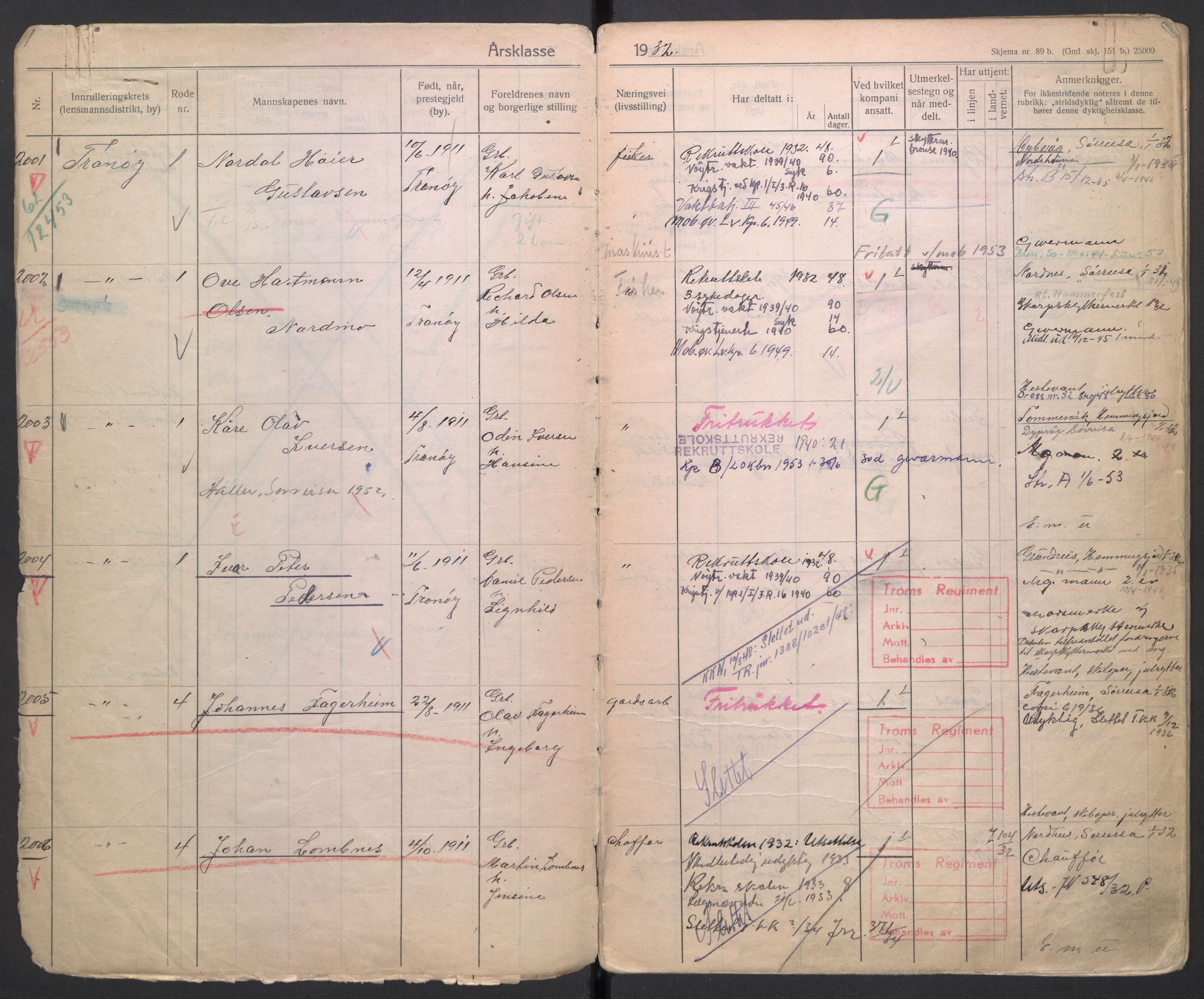 Forsvaret, Troms infanteriregiment nr. 16, AV/RA-RAFA-3146/P/Pa/L0006/0001: Ruller / Rulle for Trondenes bataljons menige mannskaper, årsklasse 1932, 1932, p. 1