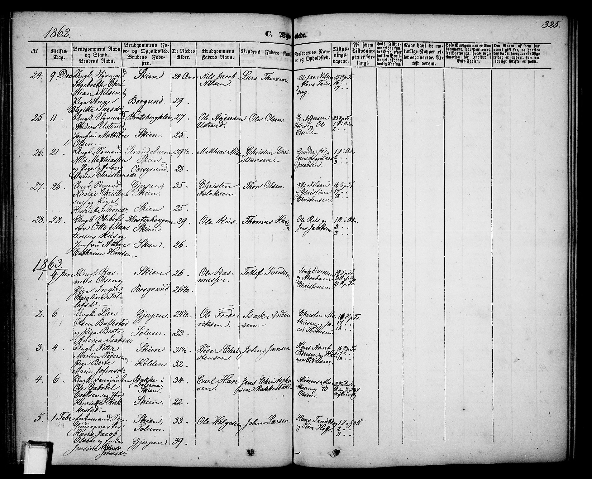 Skien kirkebøker, SAKO/A-302/G/Ga/L0004: Parish register (copy) no. 4, 1843-1867, p. 325