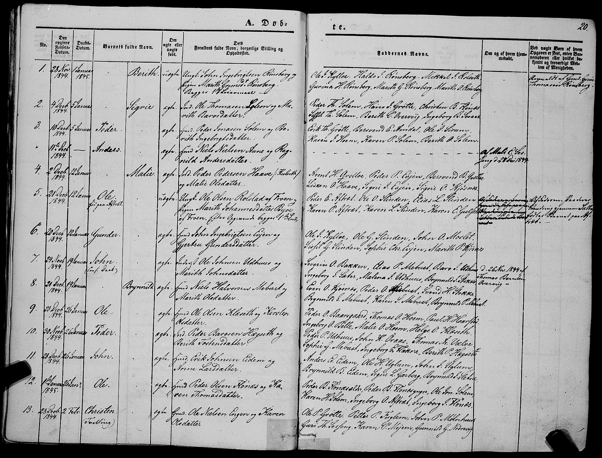 Ministerialprotokoller, klokkerbøker og fødselsregistre - Sør-Trøndelag, SAT/A-1456/695/L1145: Parish register (official) no. 695A06 /1, 1843-1859, p. 20