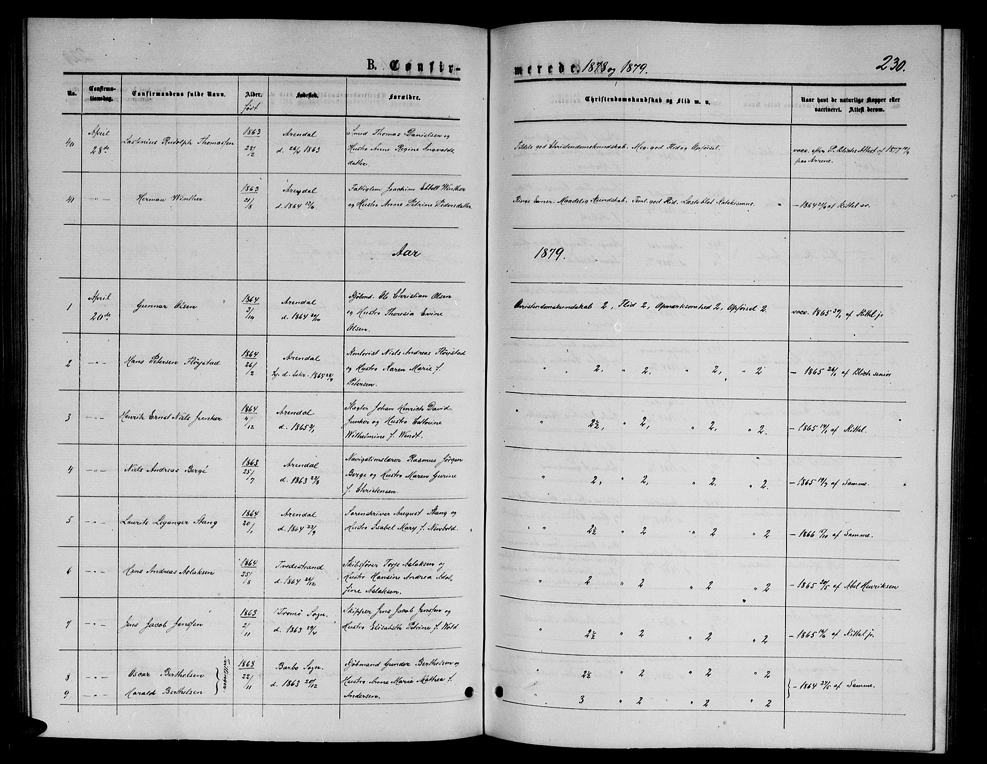 Arendal sokneprestkontor, Trefoldighet, AV/SAK-1111-0040/F/Fb/L0005: Parish register (copy) no. B 5, 1874-1888, p. 230