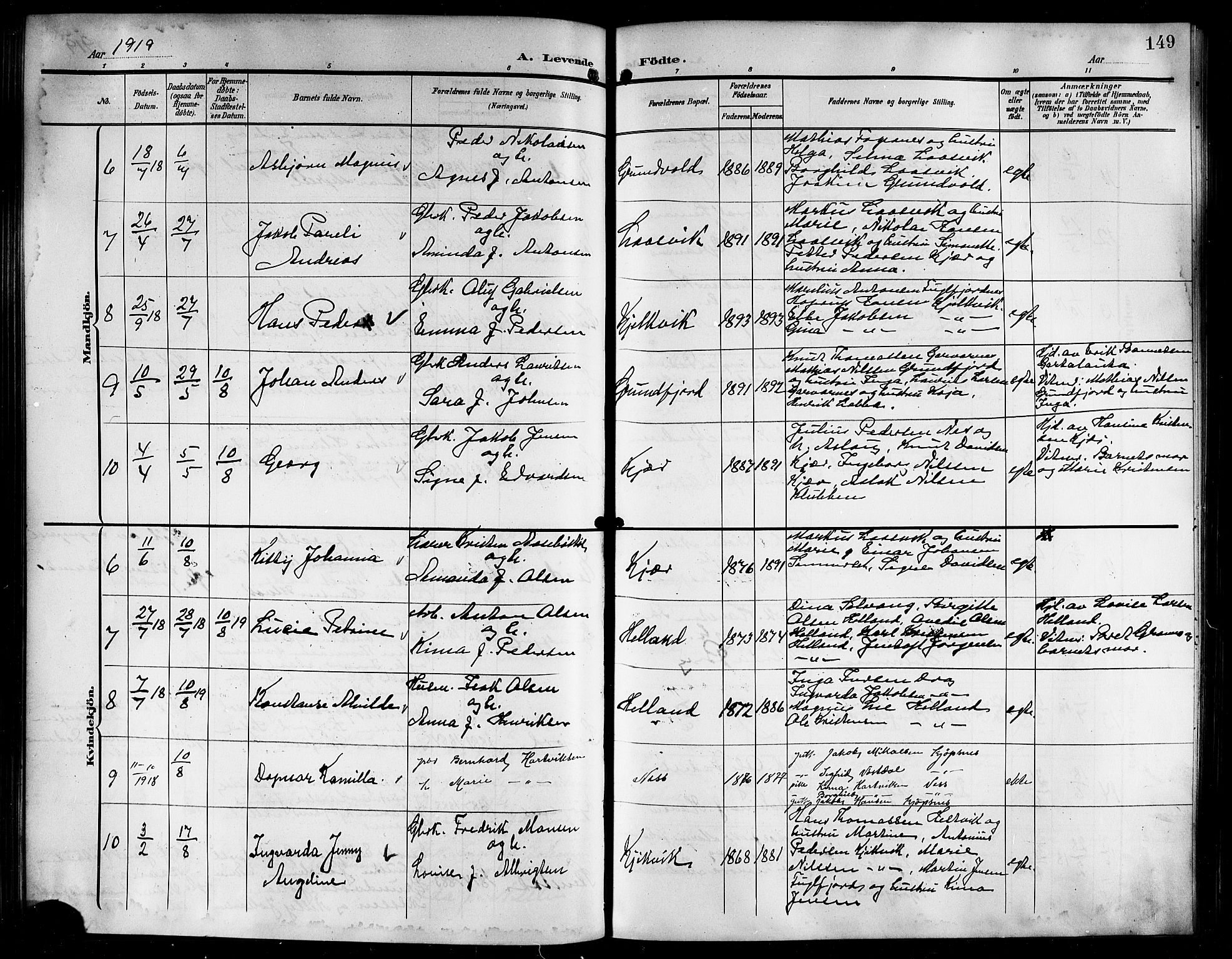 Ministerialprotokoller, klokkerbøker og fødselsregistre - Nordland, AV/SAT-A-1459/861/L0877: Parish register (copy) no. 861C03, 1903-1919, p. 149