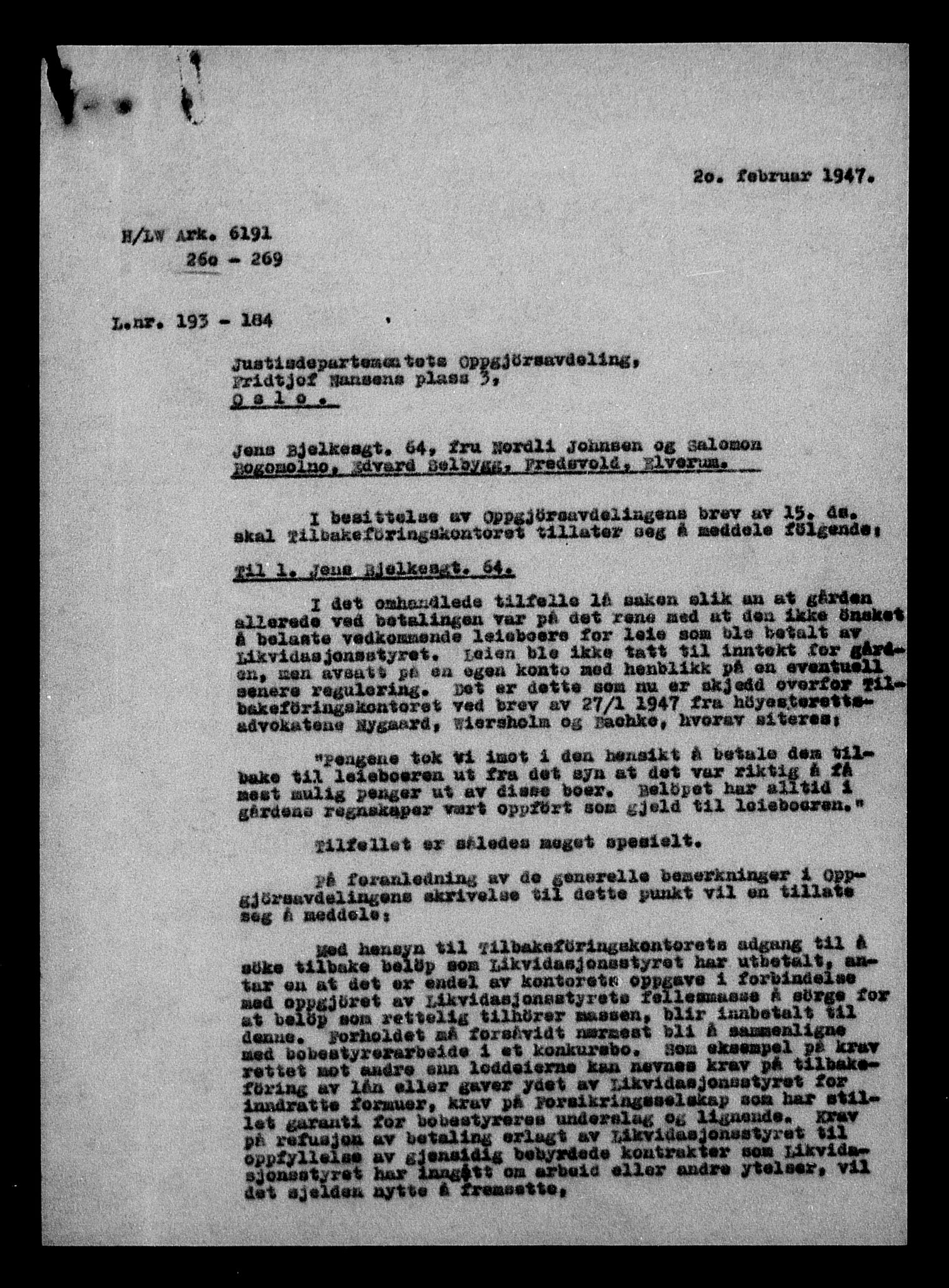 Justisdepartementet, Tilbakeføringskontoret for inndratte formuer, AV/RA-S-1564/H/Hc/Hcc/L0927: --, 1945-1947, p. 356