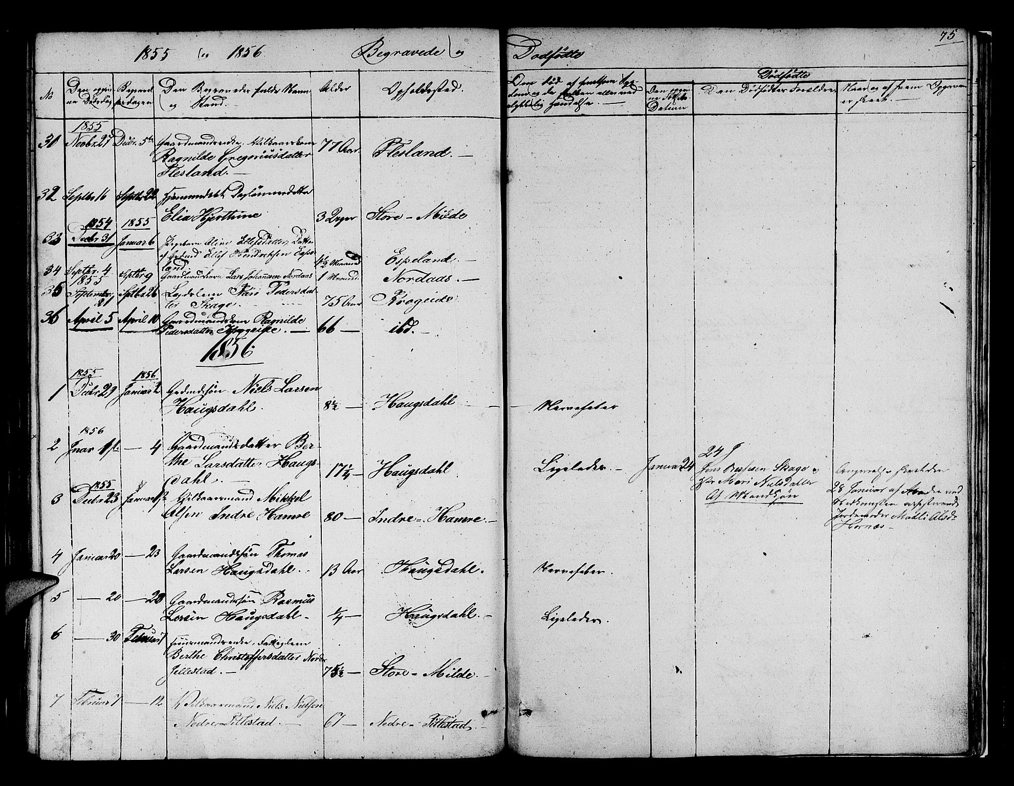 Fana Sokneprestembete, SAB/A-75101/H/Hab/Habb/L0002: Parish register (copy) no. B 2, 1851-1860, p. 75