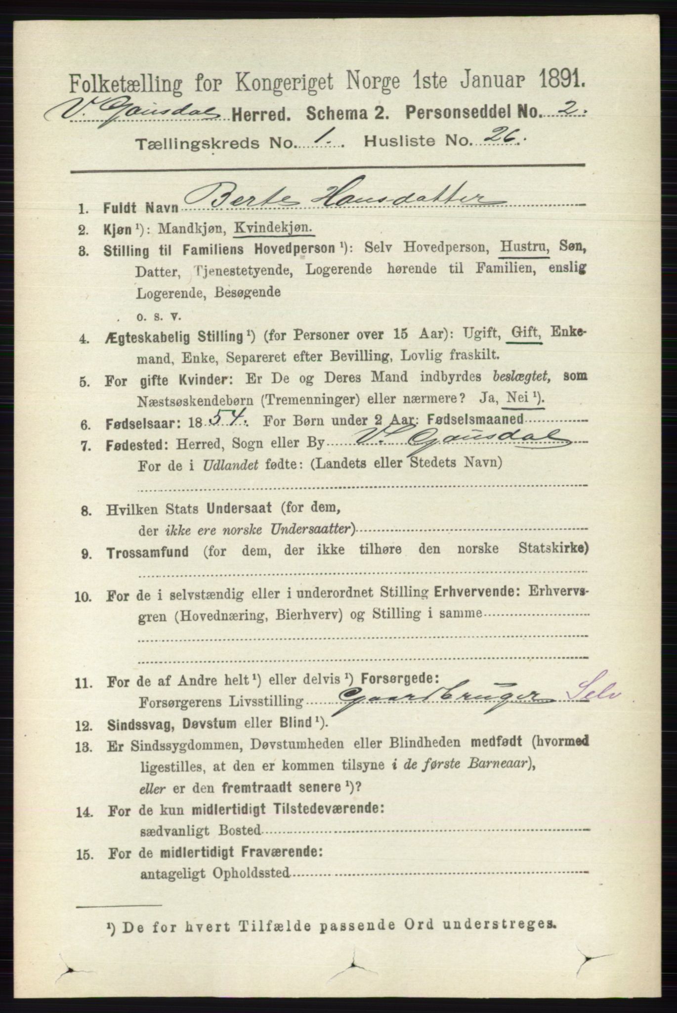 RA, 1891 census for 0523 Vestre Gausdal, 1891, p. 200