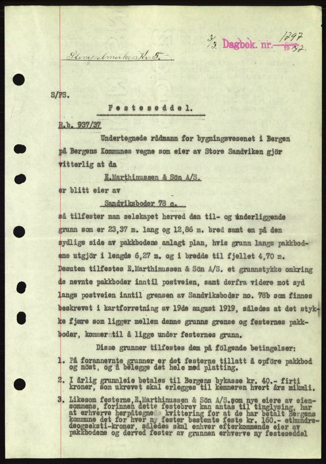 Byfogd og Byskriver i Bergen, SAB/A-3401/03/03Bc/L0004: Mortgage book no. A3-4, 1936-1937, Diary no: : 1797/1937