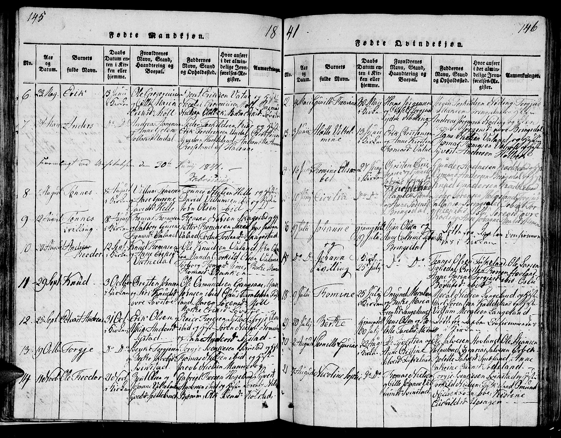 Holum sokneprestkontor, AV/SAK-1111-0022/F/Fb/Fba/L0002: Parish register (copy) no. B 2, 1820-1849, p. 145-146