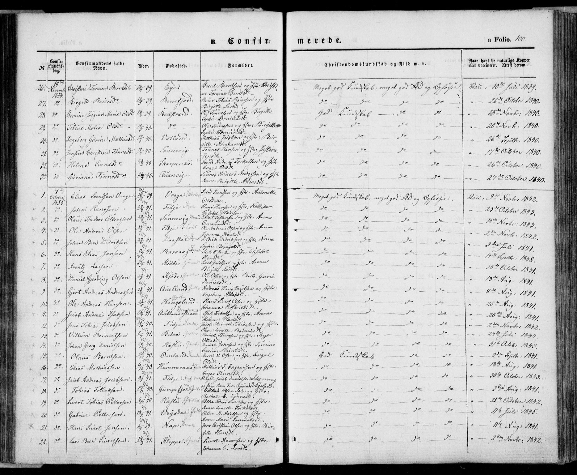 Flekkefjord sokneprestkontor, AV/SAK-1111-0012/F/Fa/Fab/L0004: Parish register (official) no. A 4, 1850-1875, p. 100