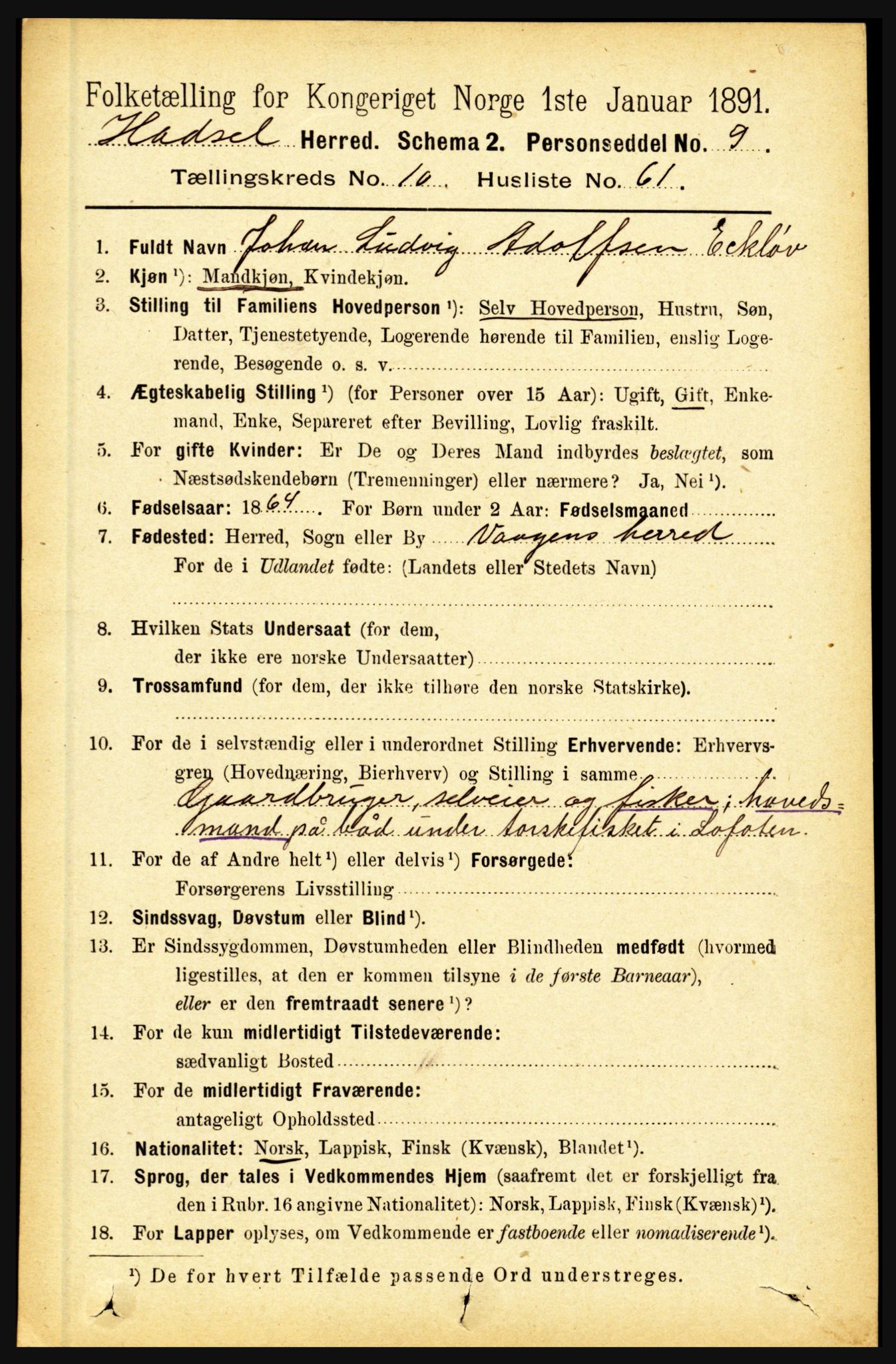 RA, 1891 census for 1866 Hadsel, 1891, p. 4598
