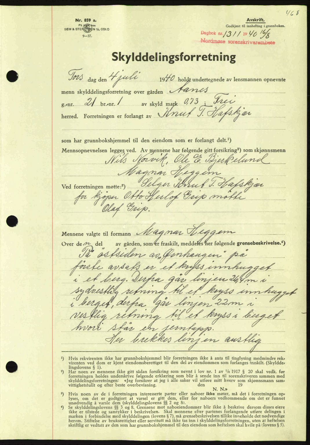 Nordmøre sorenskriveri, AV/SAT-A-4132/1/2/2Ca: Mortgage book no. A88, 1940-1940, Diary no: : 1311/1940