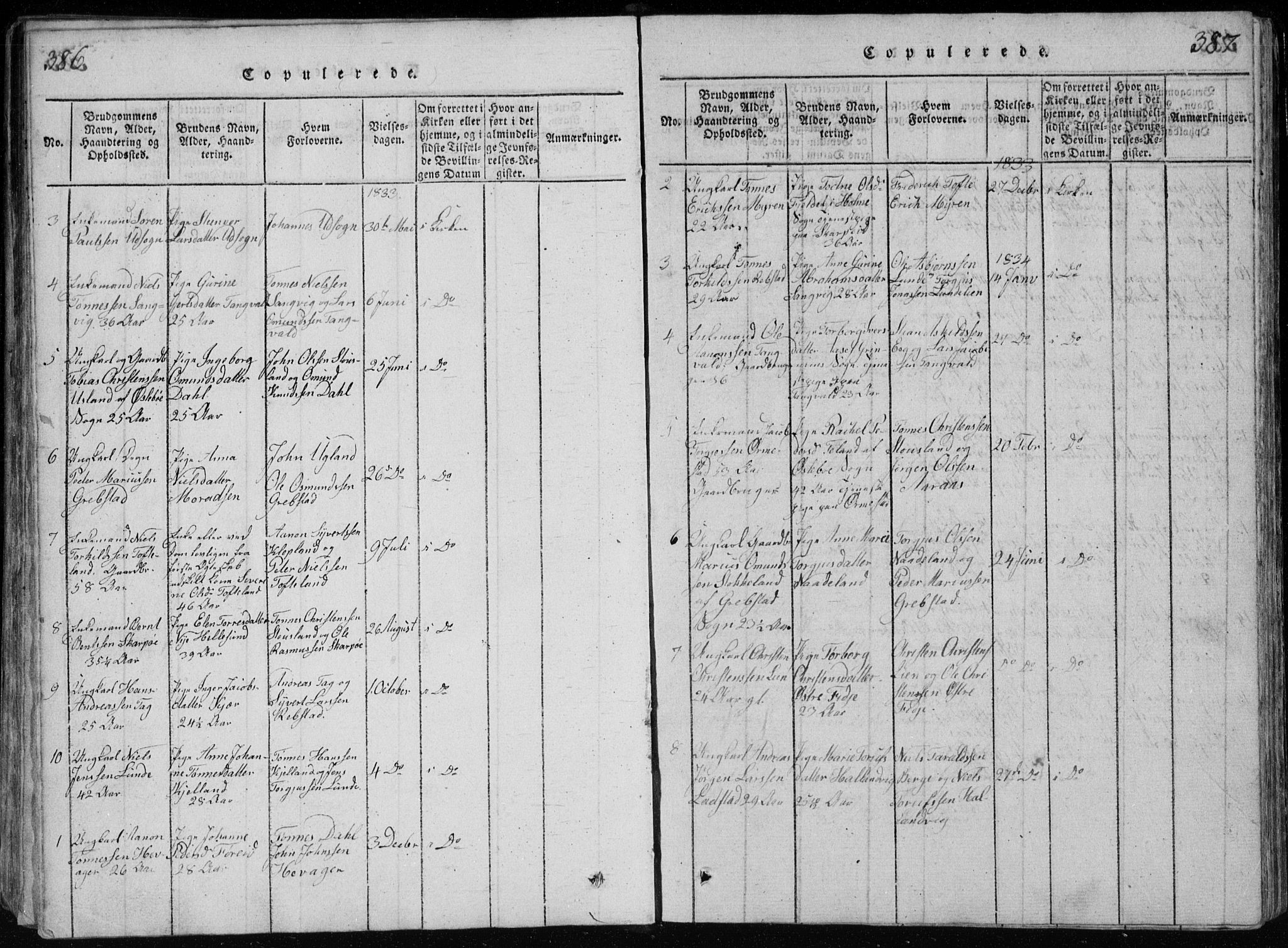 Søgne sokneprestkontor, SAK/1111-0037/F/Fb/Fbb/L0002: Parish register (copy) no. B 2, 1821-1838, p. 386-387