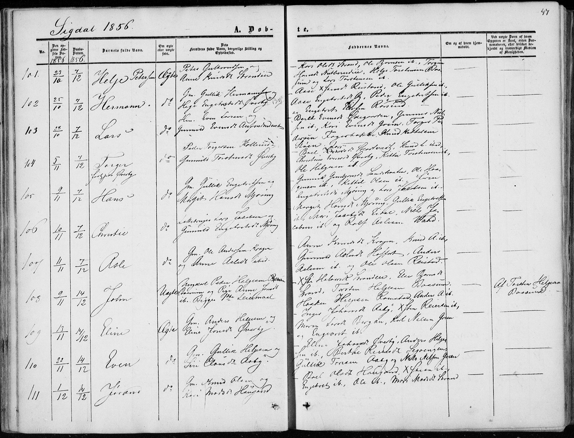 Sigdal kirkebøker, AV/SAKO-A-245/F/Fa/L0008: Parish register (official) no. I 8, 1850-1859, p. 47