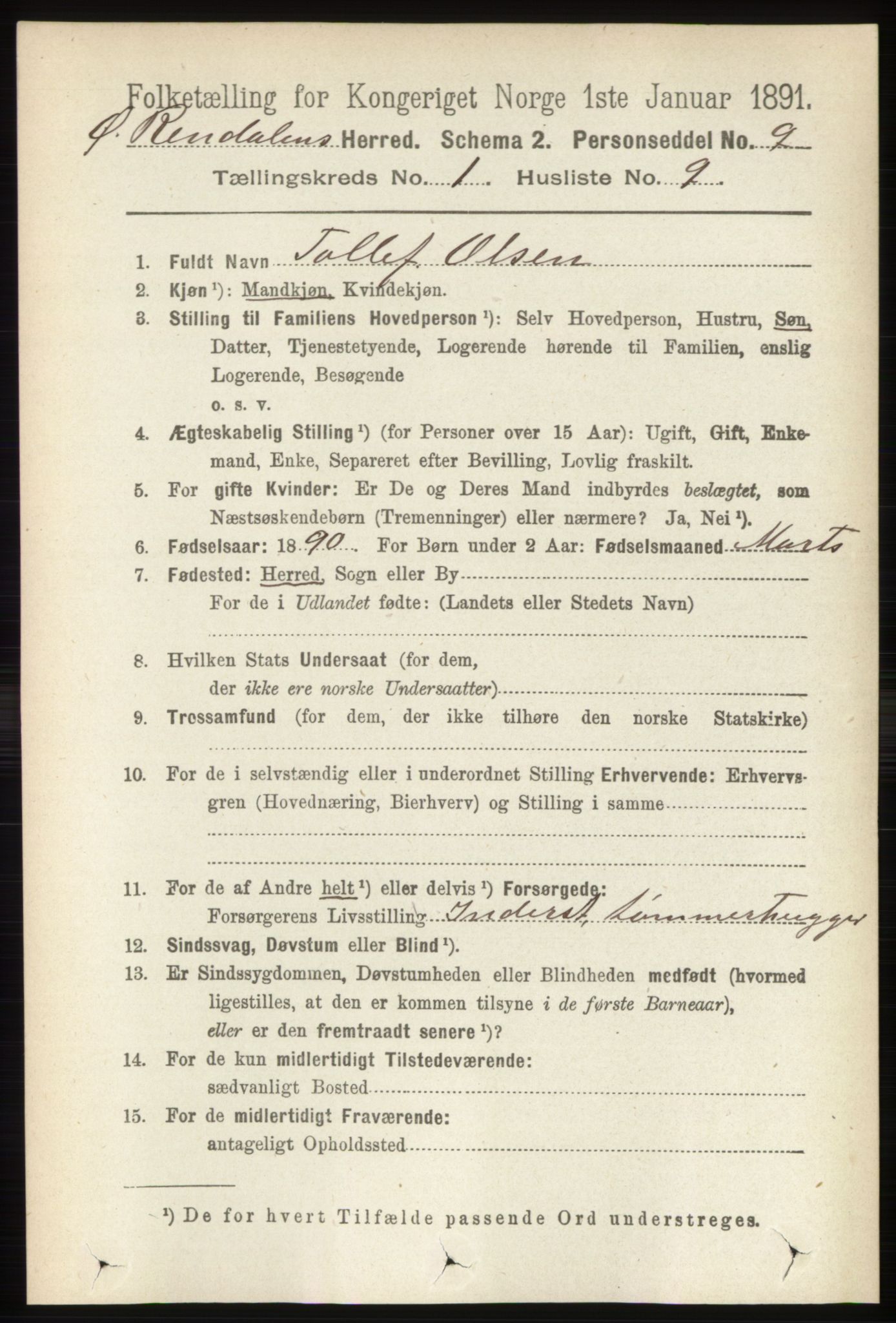 RA, 1891 census for 0433 Øvre Rendal, 1891, p. 121