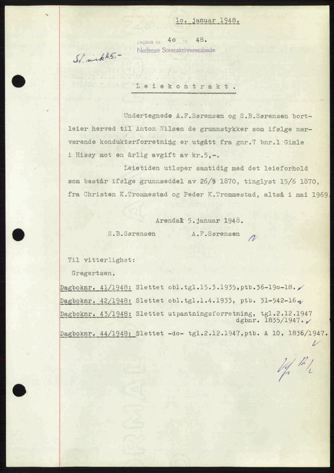 Nedenes sorenskriveri, AV/SAK-1221-0006/G/Gb/Gba/L0058: Mortgage book no. A10, 1947-1948, Diary no: : 40/1948