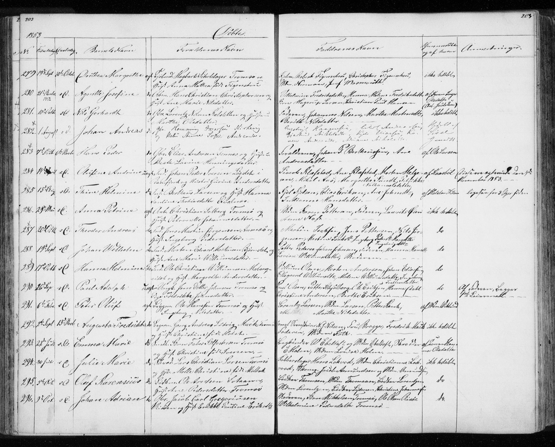 Tromsø sokneprestkontor/stiftsprosti/domprosti, AV/SATØ-S-1343/G/Gb/L0005klokker: Parish register (copy) no. 5, 1846-1857, p. 202-203