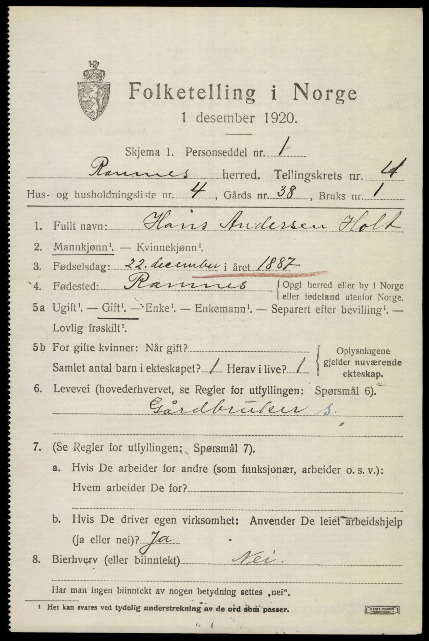 SAKO, 1920 census for Ramnes, 1920, p. 4360