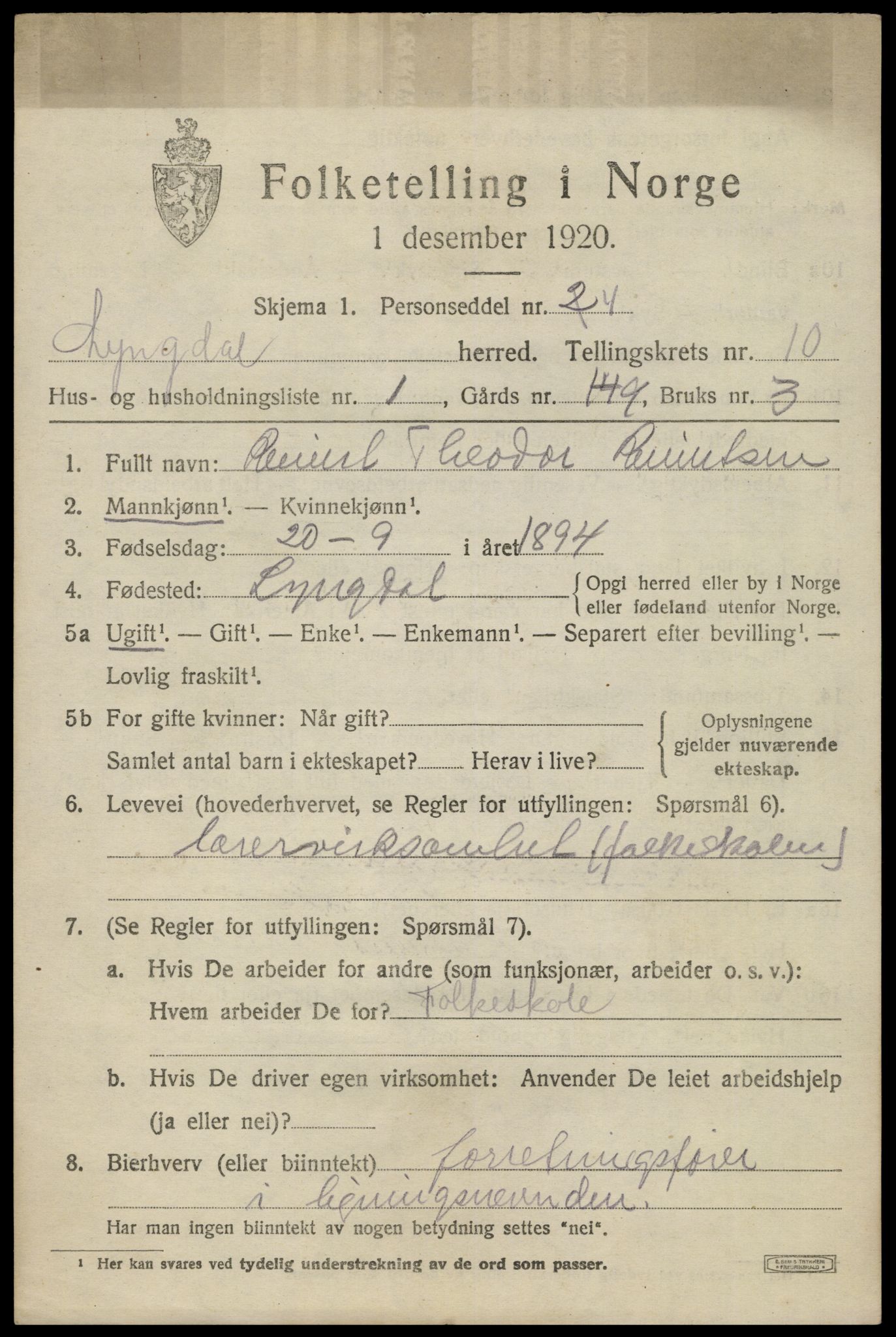 SAK, 1920 census for Lyngdal, 1920, p. 4877