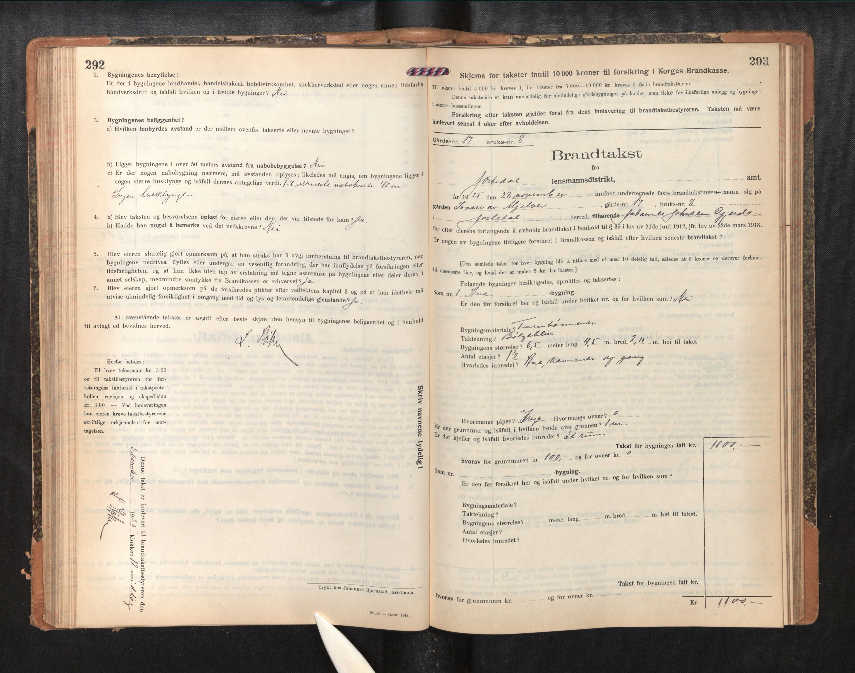 Lensmannen i Jostedal, SAB/A-28601/0012/L0005: Branntakstprotokoll, skjematakst, 1921-1935, p. 292-293