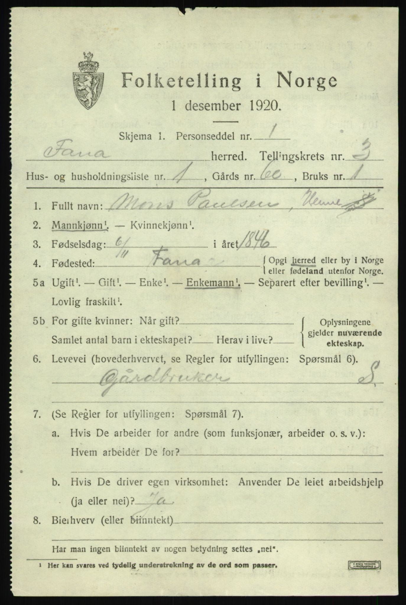 SAB, 1920 census for Fana, 1920, p. 5057