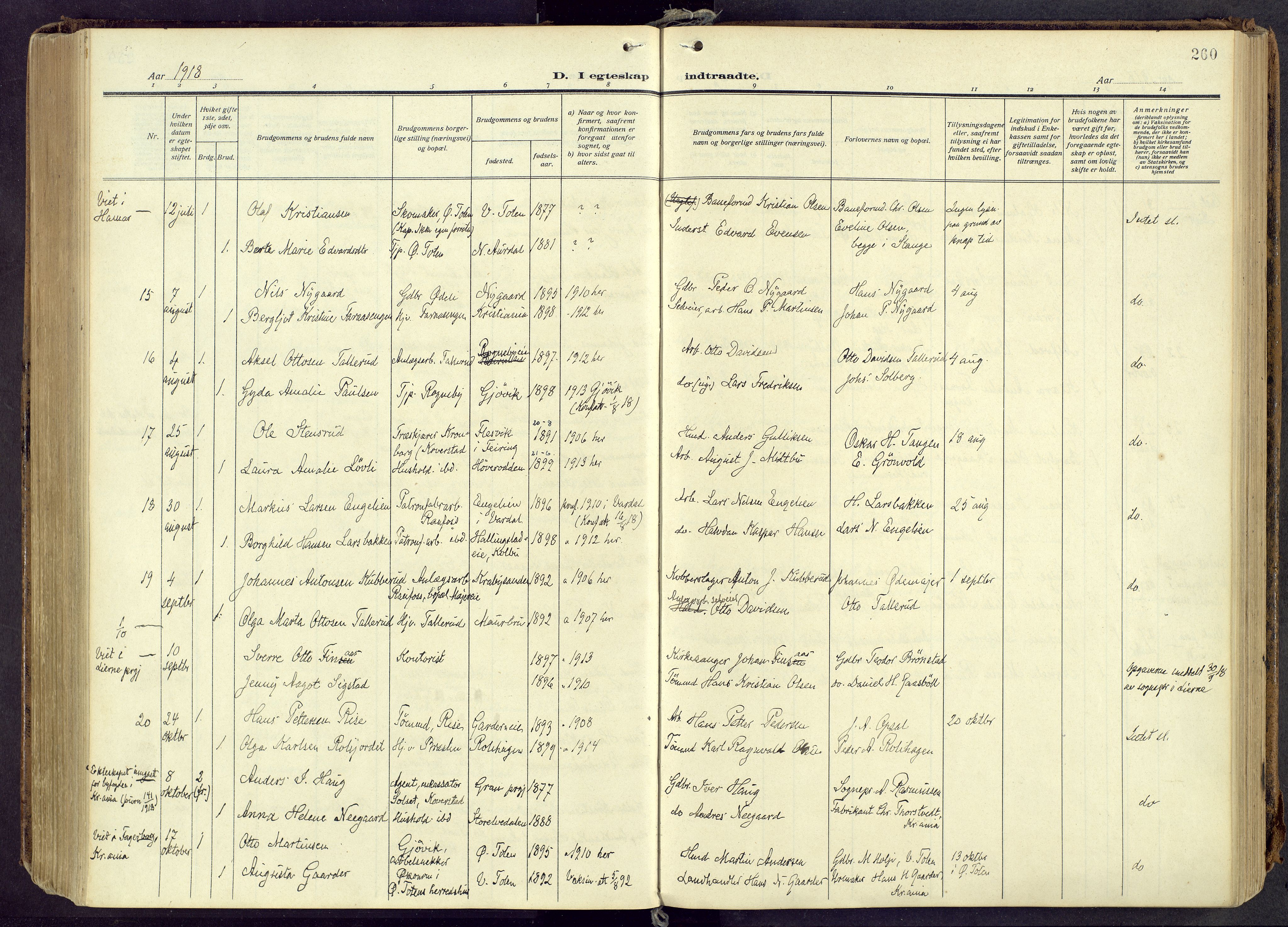 Østre Toten prestekontor, AV/SAH-PREST-104/H/Ha/Haa/L0010: Parish register (official) no. 10, 1910-1920, p. 260