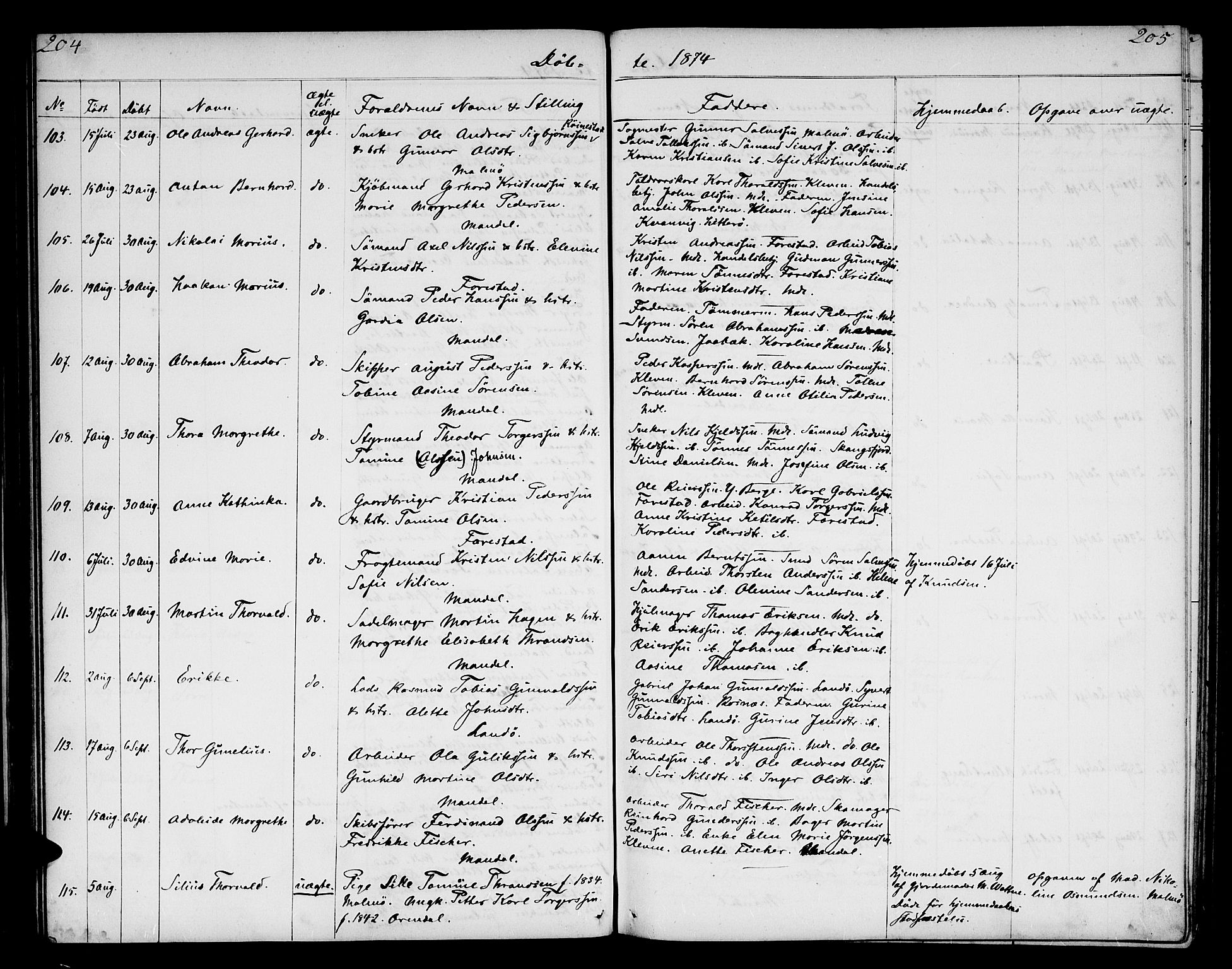 Mandal sokneprestkontor, AV/SAK-1111-0030/F/Fb/Fba/L0009: Parish register (copy) no. B 3, 1867-1877, p. 204-205