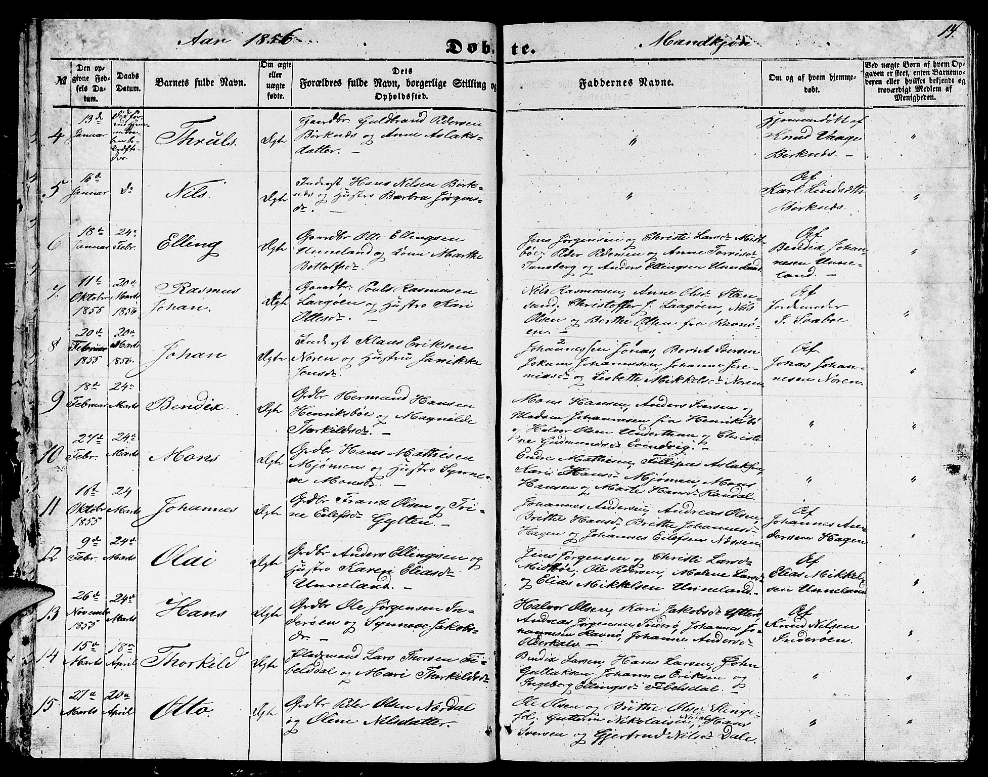 Gulen sokneprestembete, SAB/A-80201/H/Hab/Habb/L0001: Parish register (copy) no. B 1, 1854-1866, p. 14