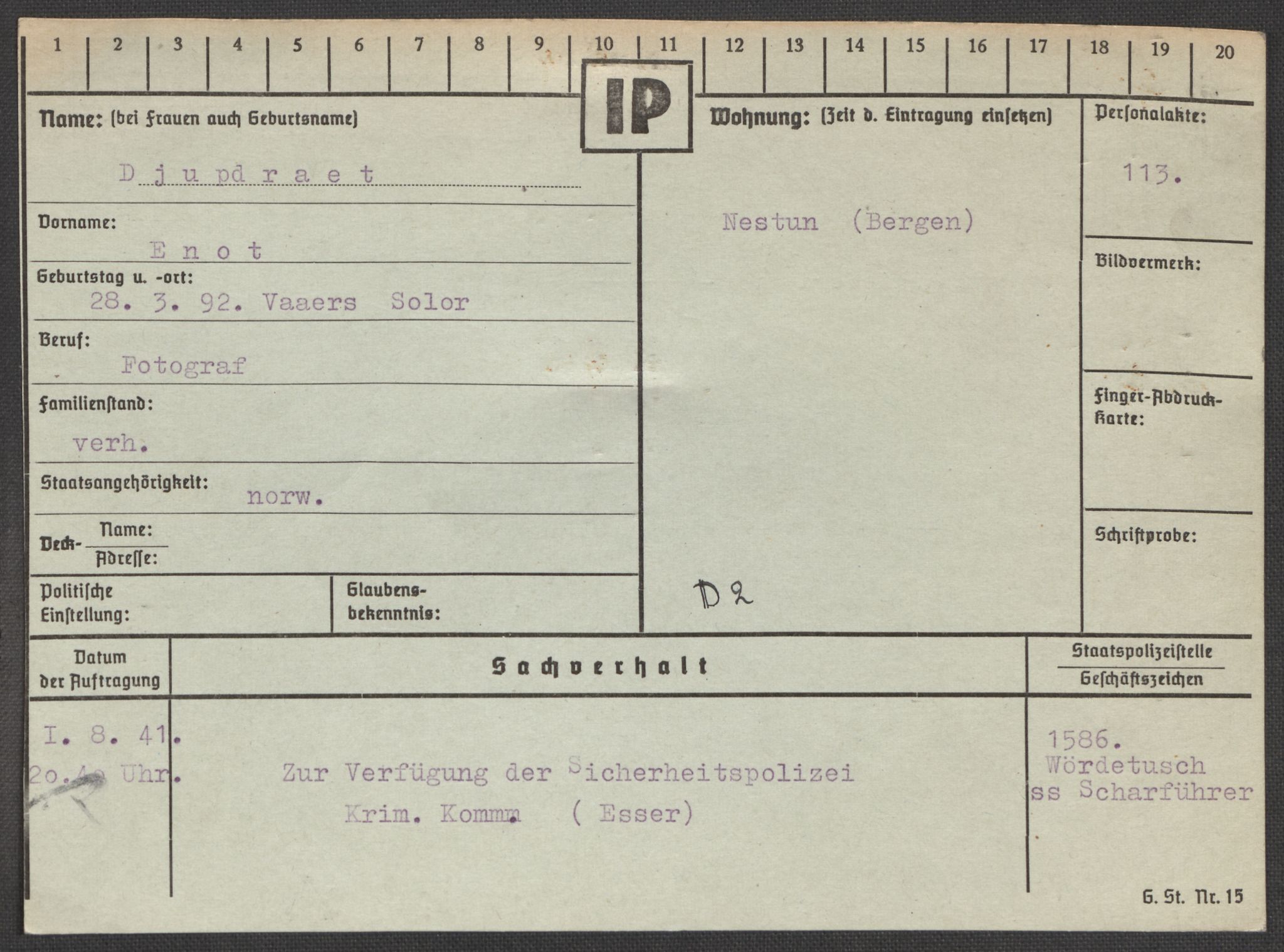 Befehlshaber der Sicherheitspolizei und des SD, RA/RAFA-5969/E/Ea/Eaa/L0002: Register over norske fanger i Møllergata 19: Bj-Eng, 1940-1945, p. 1051