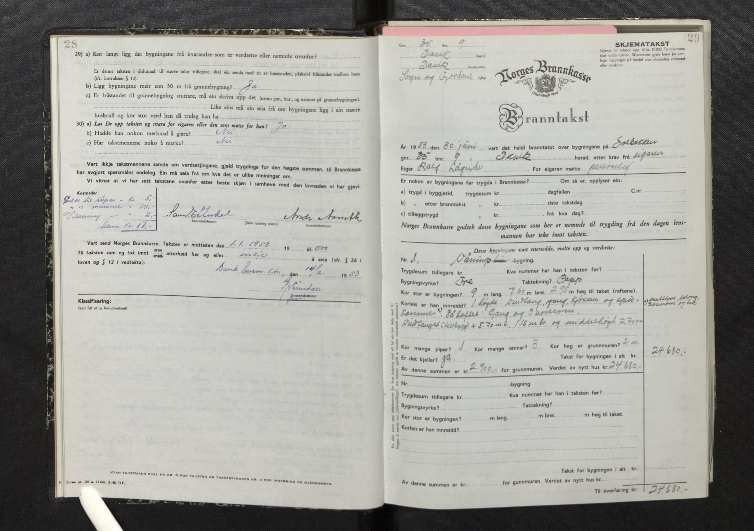 Lensmannen i Davik, AV/SAB-A-26801/0012/L0005: Branntakstprotokoll, skjematakst, 1950-1953, p. 28-29