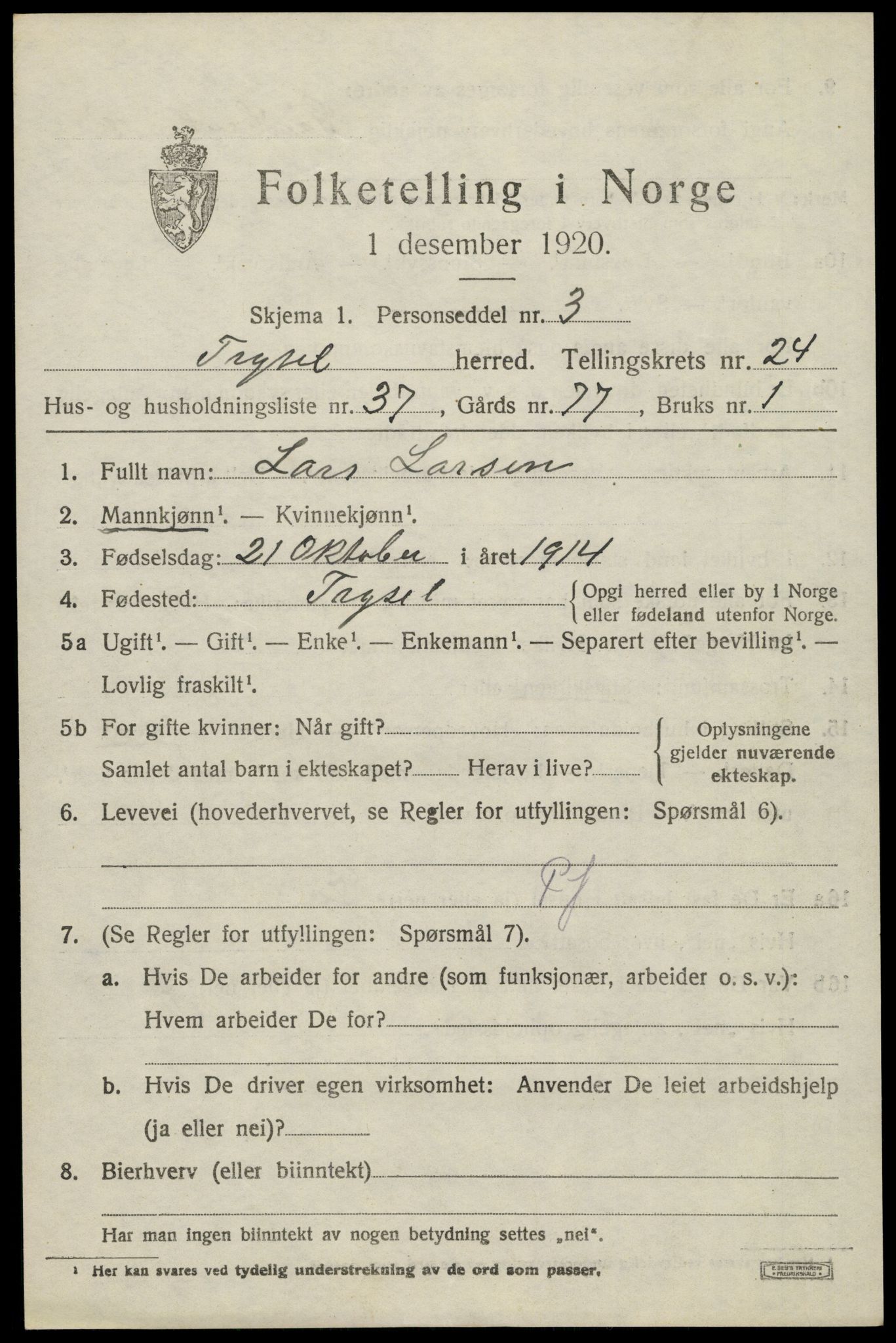 SAH, 1920 census for Trysil, 1920, p. 15669