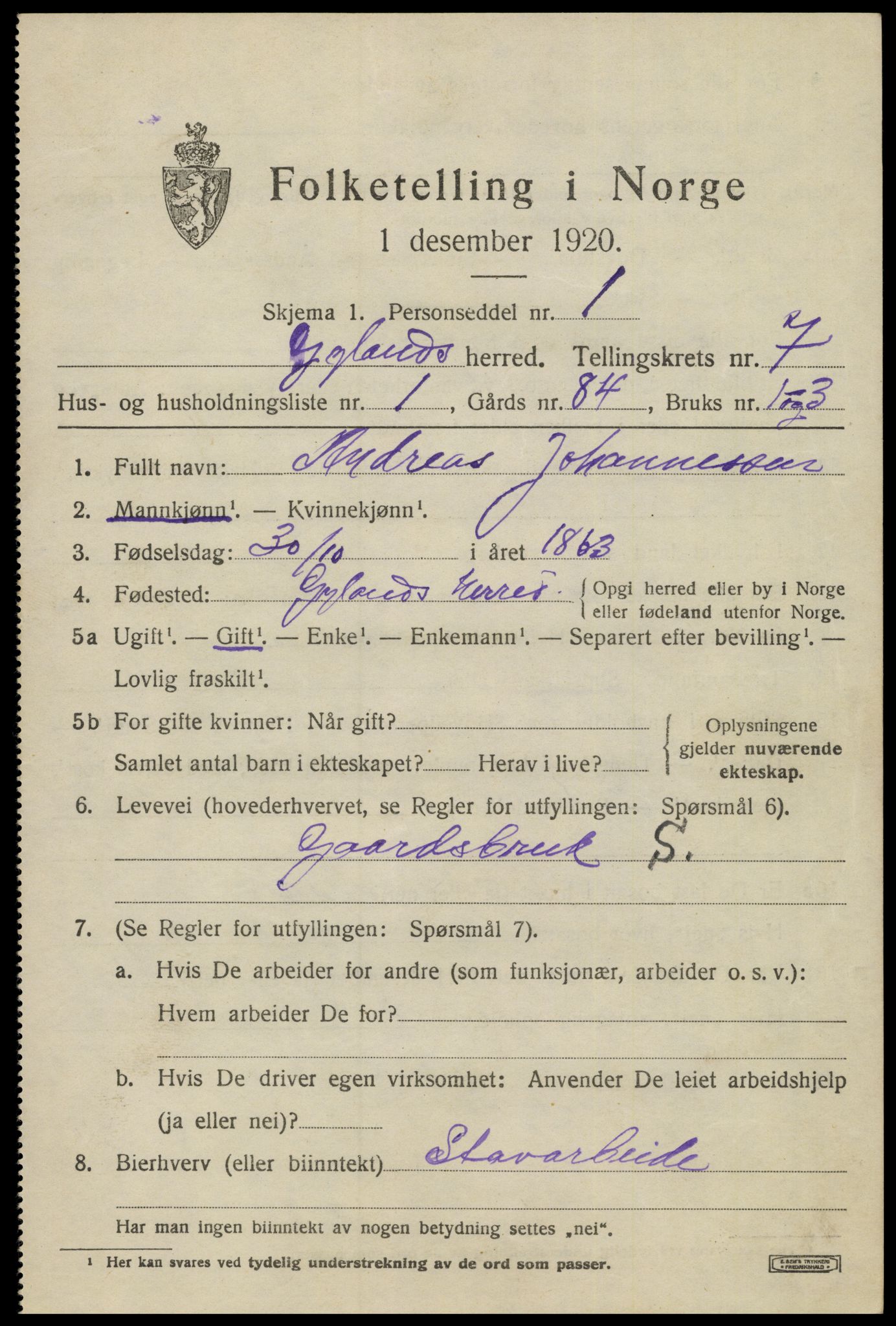 SAK, 1920 census for Gyland, 1920, p. 1438