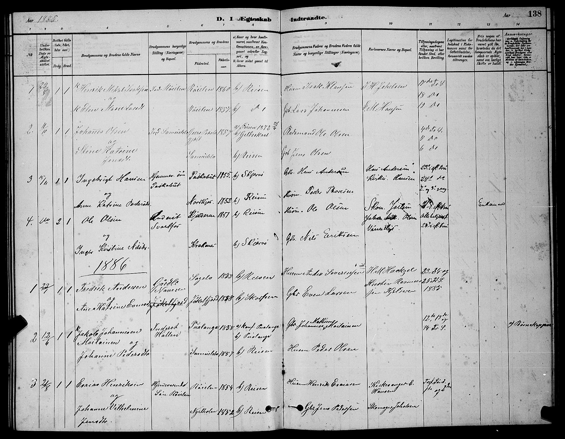 Skjervøy sokneprestkontor, SATØ/S-1300/H/Ha/Hab/L0020klokker: Parish register (copy) no. 20, 1878-1892, p. 138