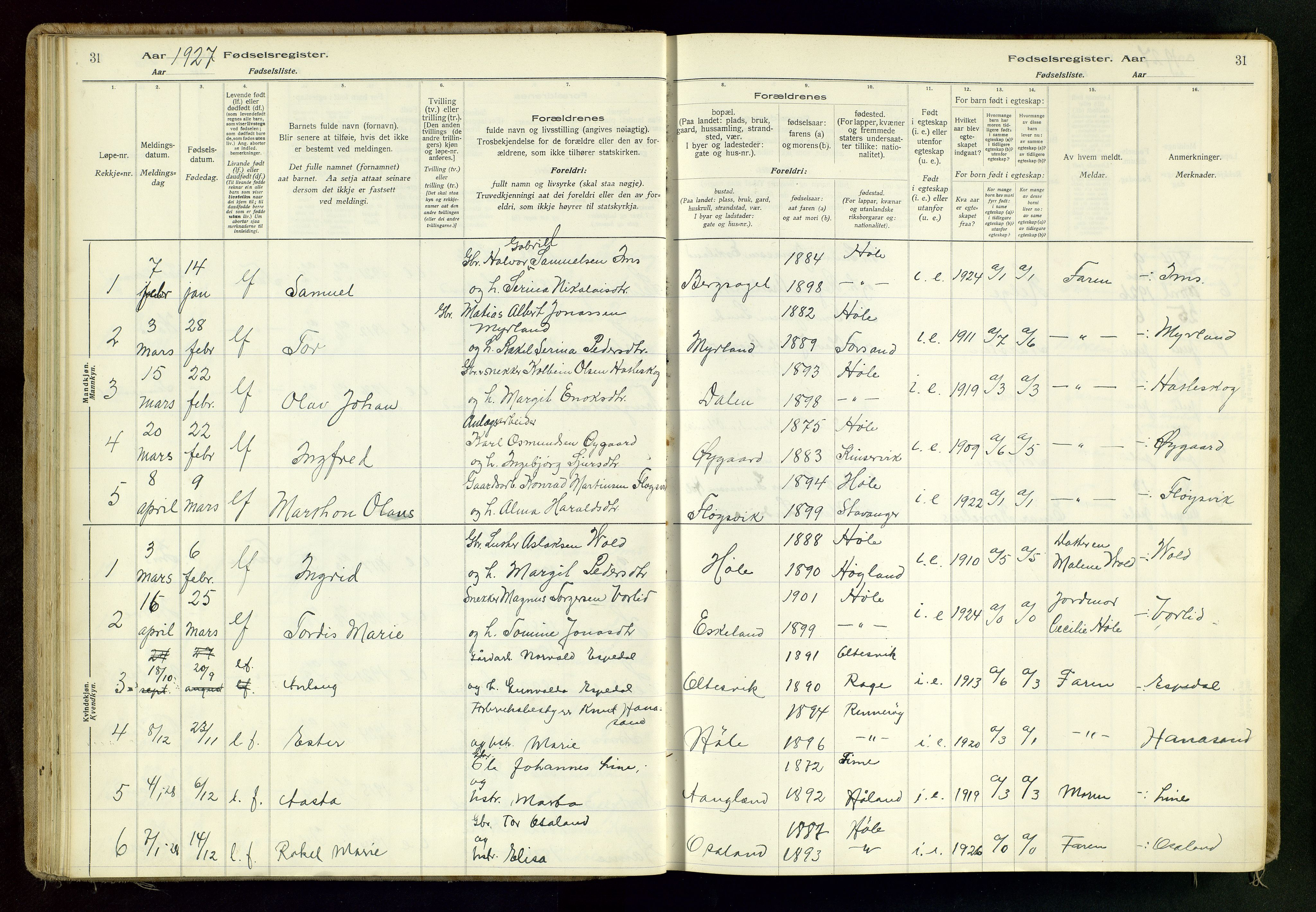 Høgsfjord sokneprestkontor, SAST/A-101624/I/Id/L0001: Birth register no. 1, 1916-1982, p. 31
