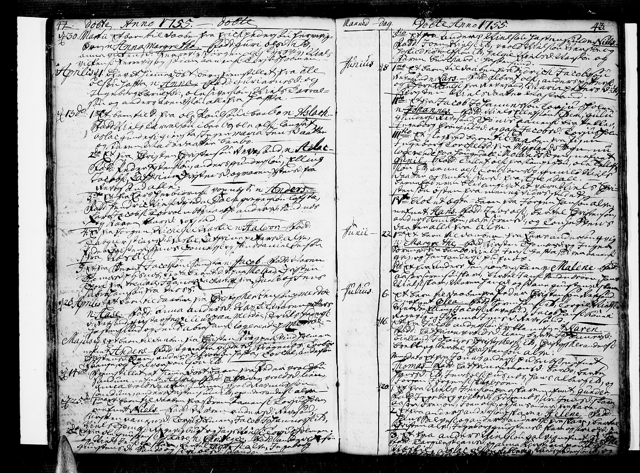 Tromøy sokneprestkontor, AV/SAK-1111-0041/F/Fa/L0001: Parish register (official) no. A 1, 1747-1793, p. 42-43