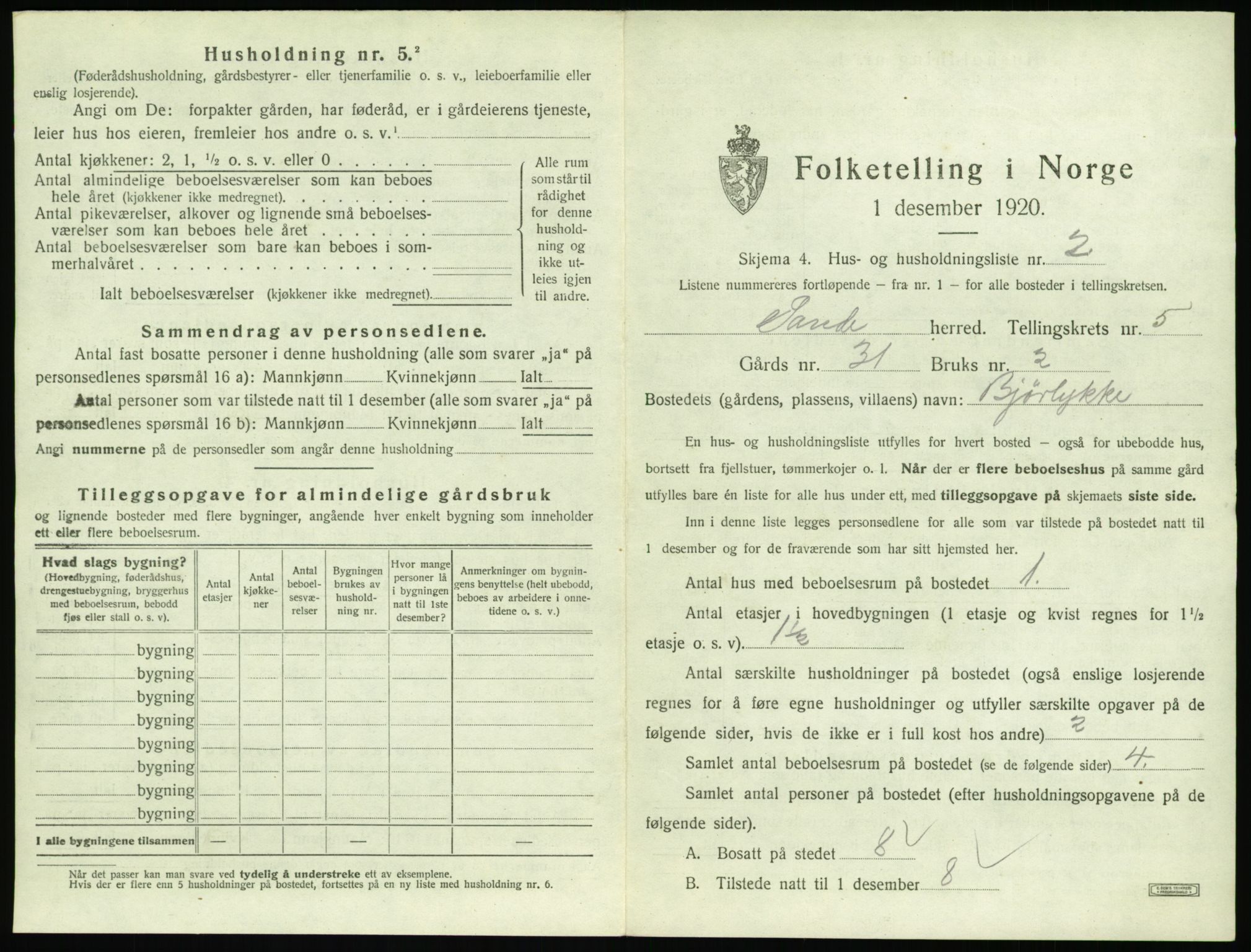 SAT, 1920 census for Sande (MR), 1920, p. 406