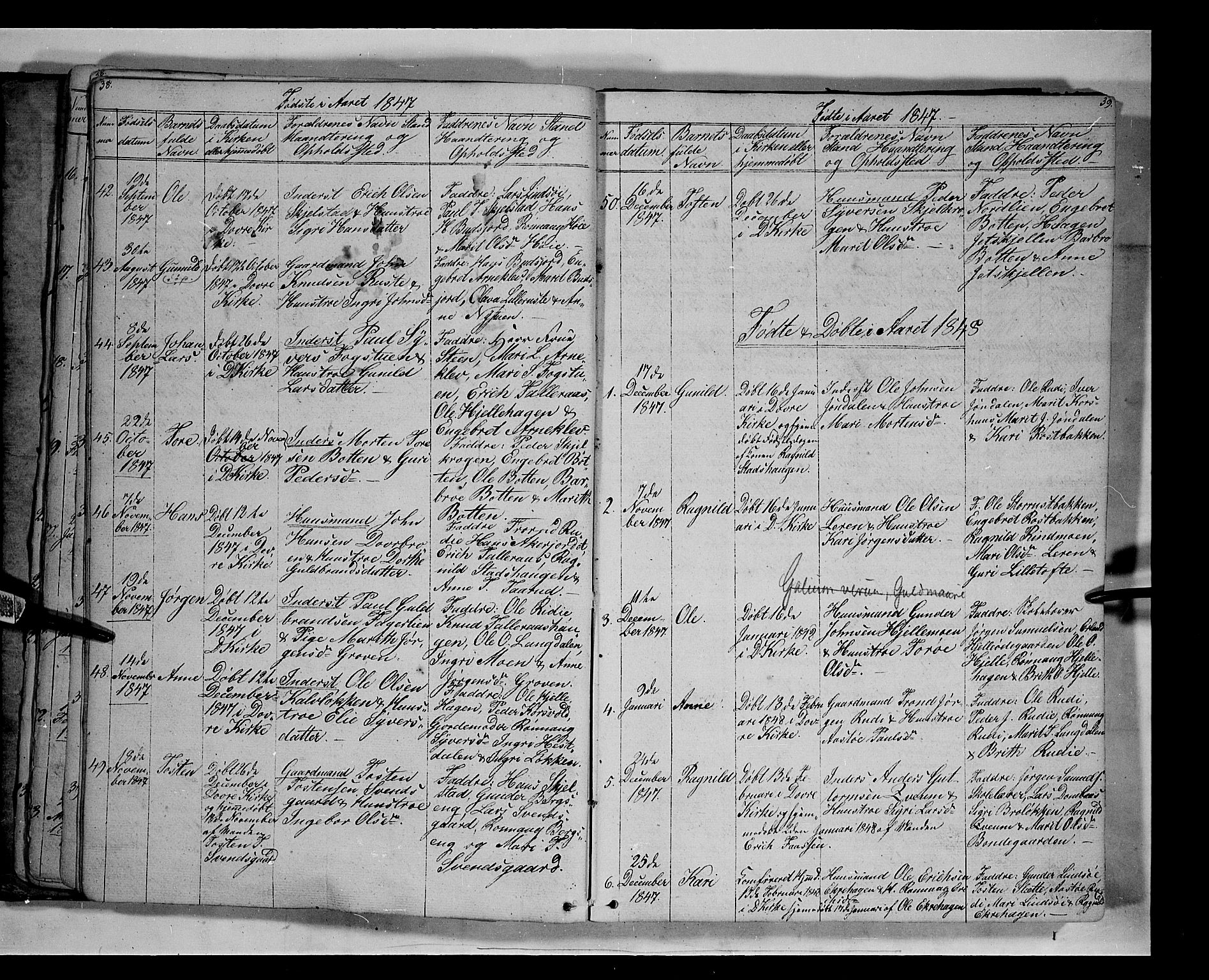 Lesja prestekontor, SAH/PREST-068/H/Ha/Hab/L0003: Parish register (copy) no. 3, 1842-1862, p. 38-39