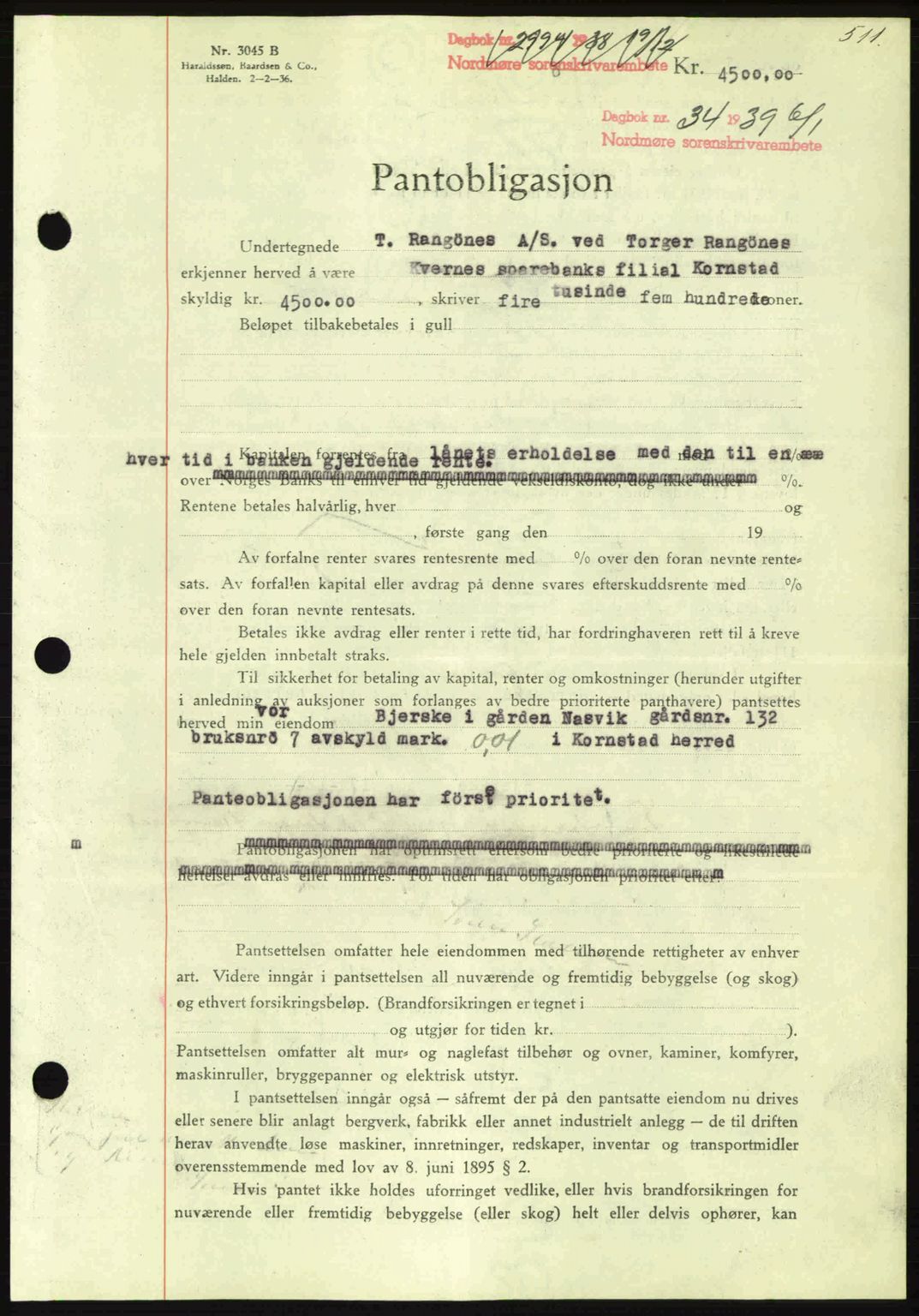 Nordmøre sorenskriveri, SAT/A-4132/1/2/2Ca: Mortgage book no. B84, 1938-1939, Diary no: : 34/1939