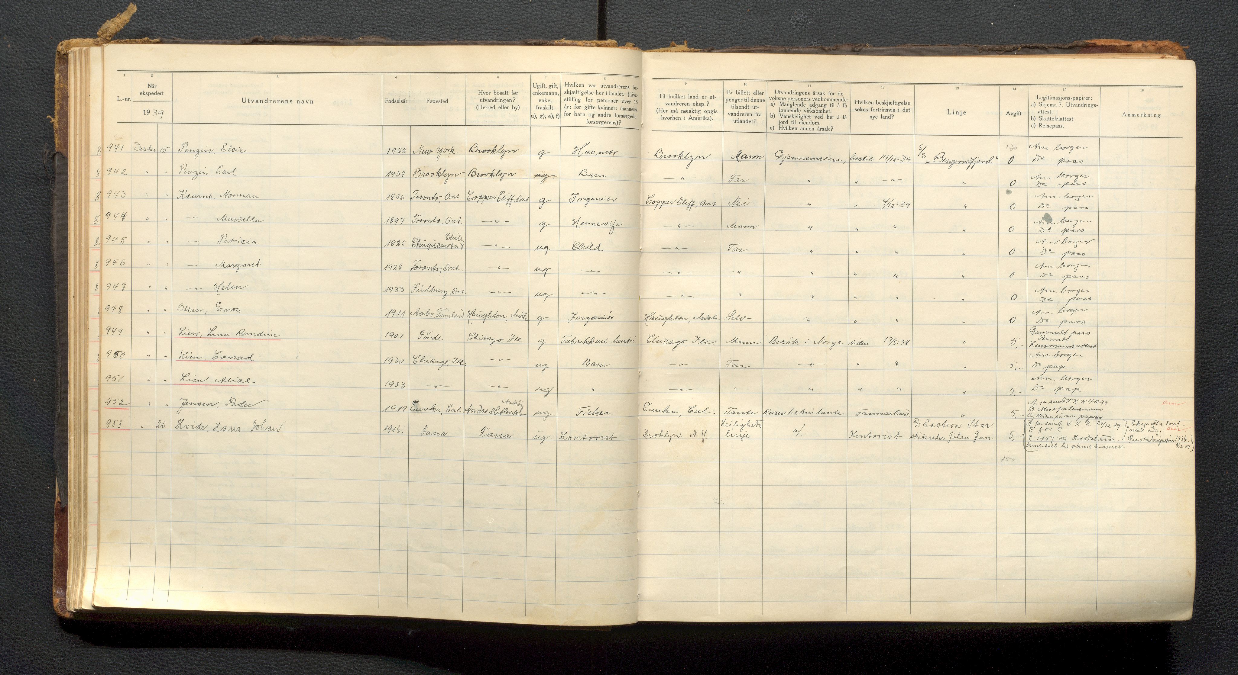 Bergen politikammer / politidistrikt, AV/SAB-A-60401/J.a/J.ab/L0025: Emigrantprotokoll, 1939-1962