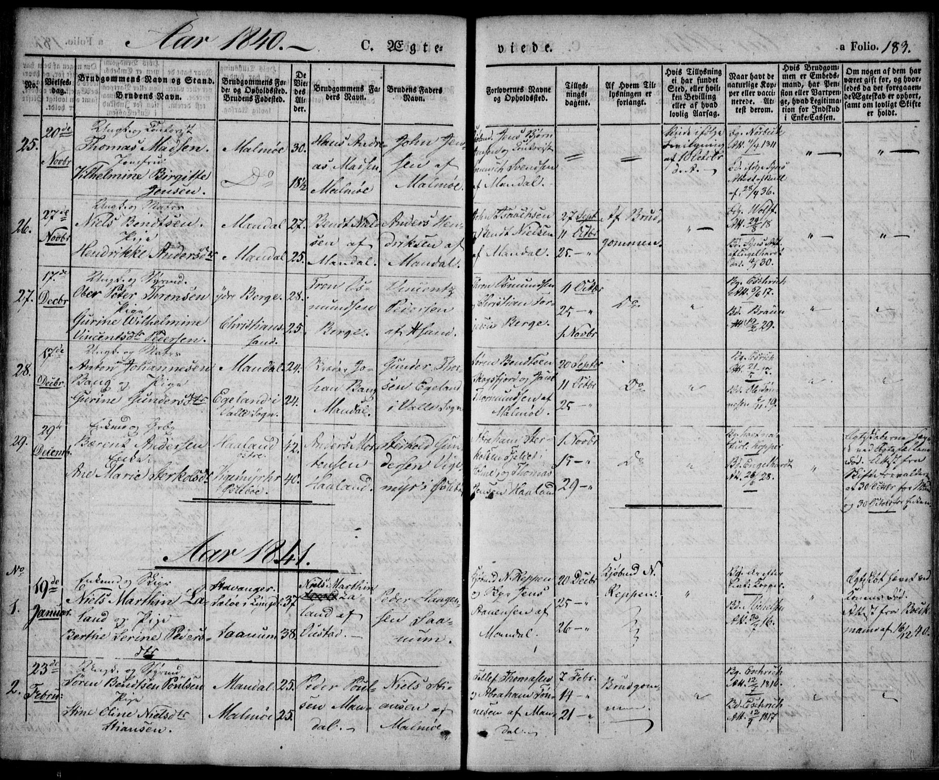 Mandal sokneprestkontor, SAK/1111-0030/F/Fa/Faa/L0012: Parish register (official) no. A 12, 1840-1847, p. 183