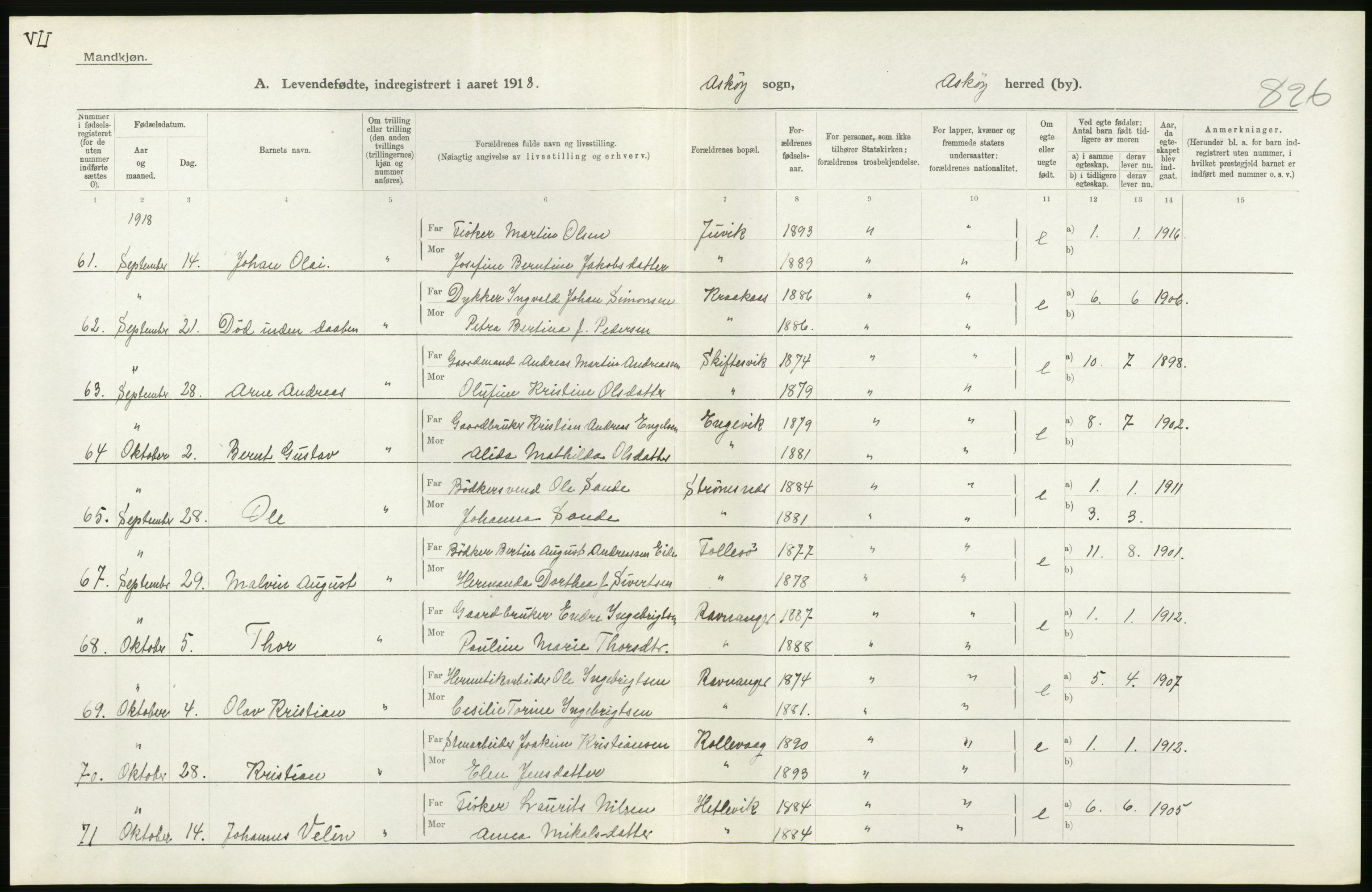 Statistisk sentralbyrå, Sosiodemografiske emner, Befolkning, AV/RA-S-2228/D/Df/Dfb/Dfbh/L0034: Hordaland fylke: Levendefødte menn og kvinner. Bygder., 1918, p. 56