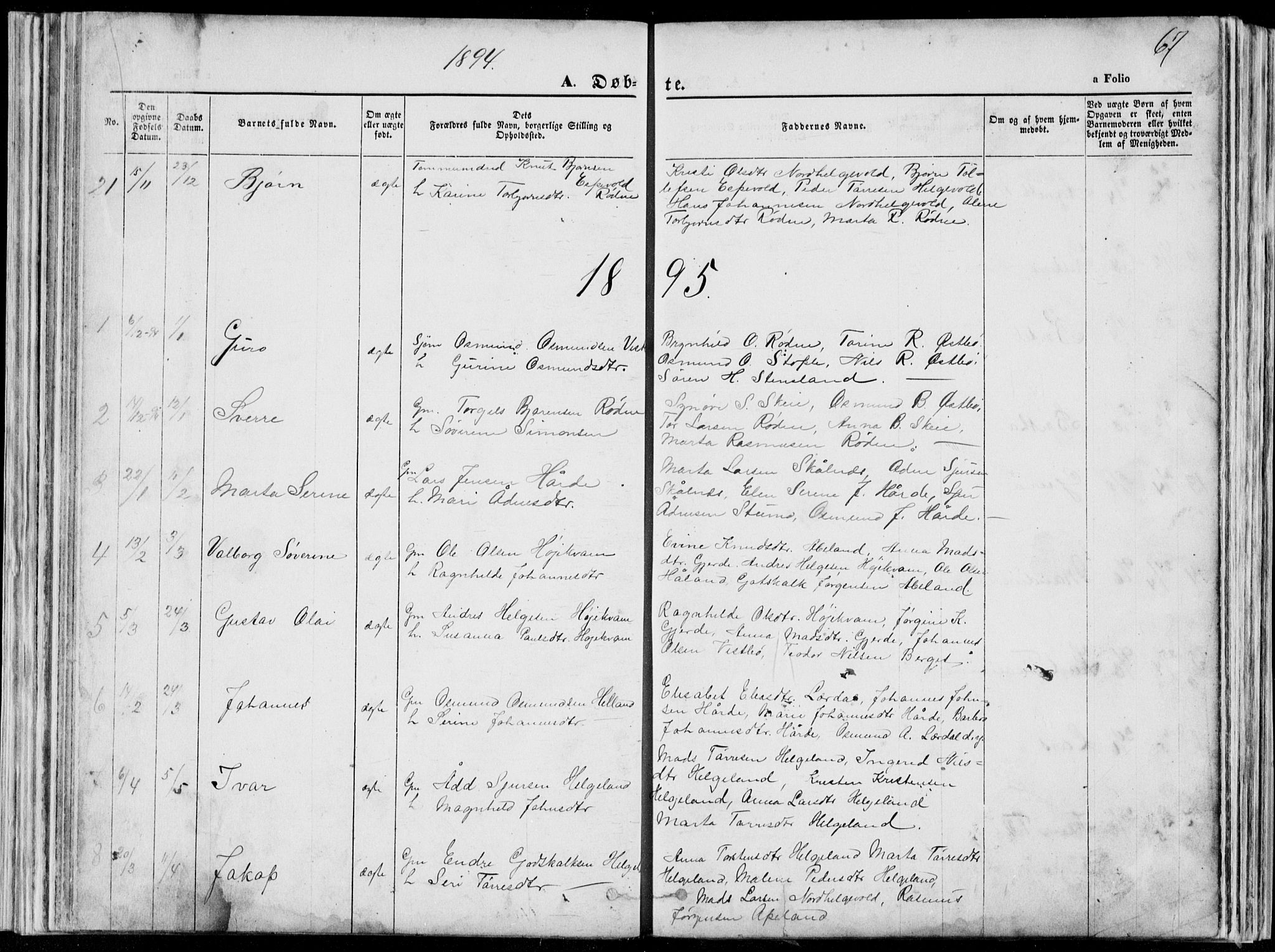 Vikedal sokneprestkontor, SAST/A-101840/01/V: Parish register (copy) no. B 10, 1864-1926, p. 67