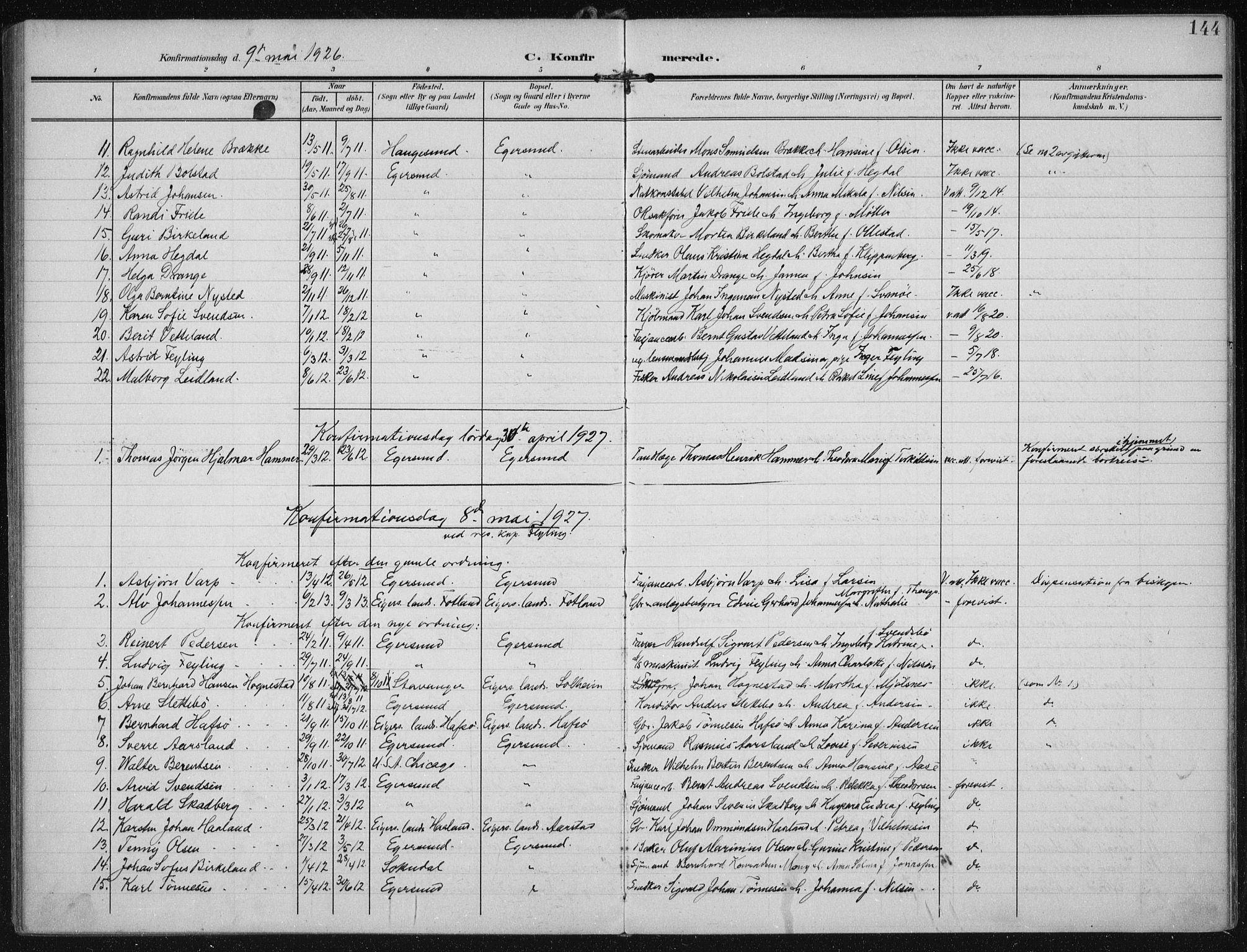 Eigersund sokneprestkontor, AV/SAST-A-101807/S08/L0022: Parish register (official) no. A 21, 1905-1928, p. 144