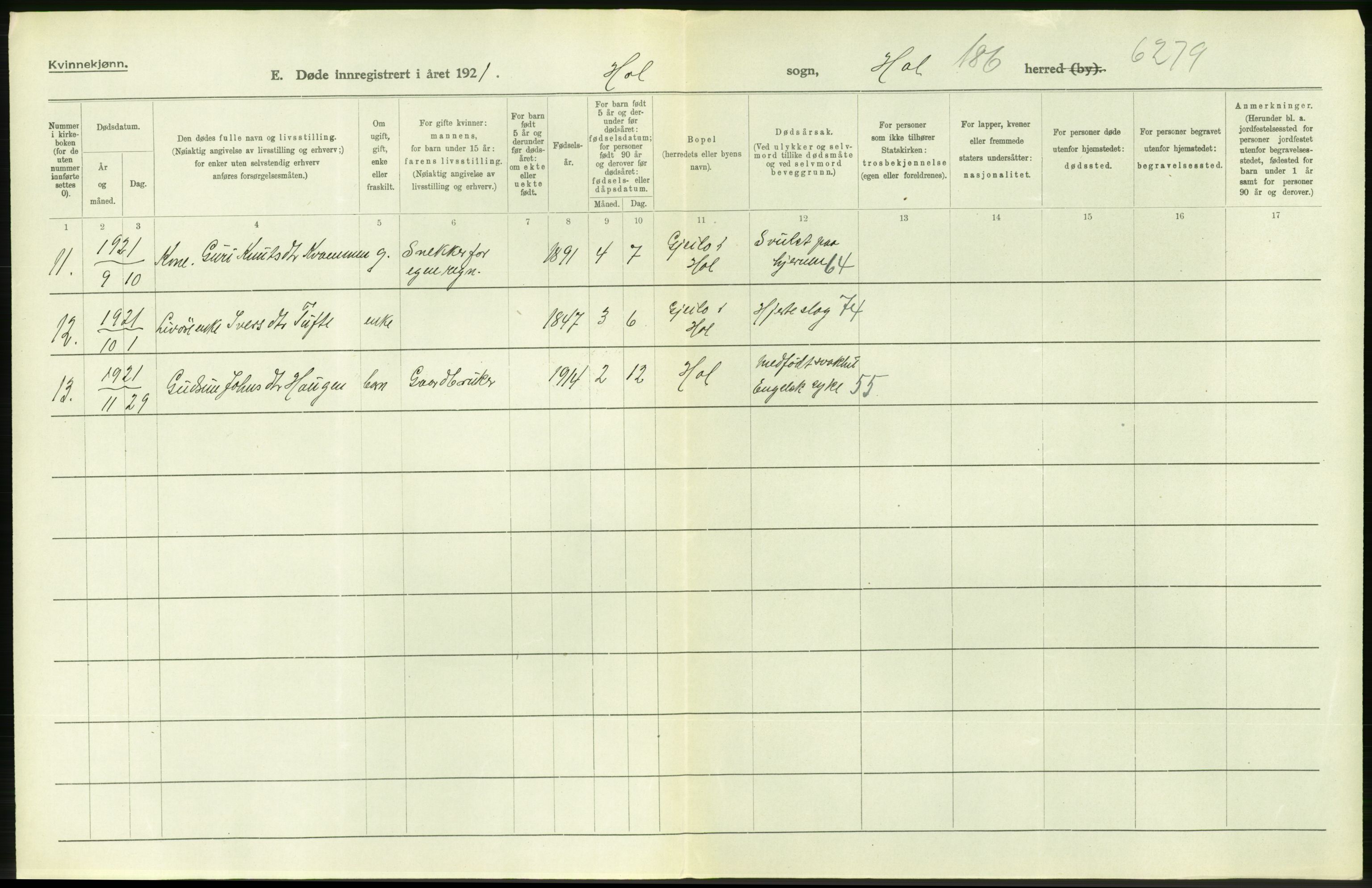 Statistisk sentralbyrå, Sosiodemografiske emner, Befolkning, AV/RA-S-2228/D/Df/Dfc/Dfca/L0020: Buskerud fylke: Døde. Byer og bygder., 1921, p. 216