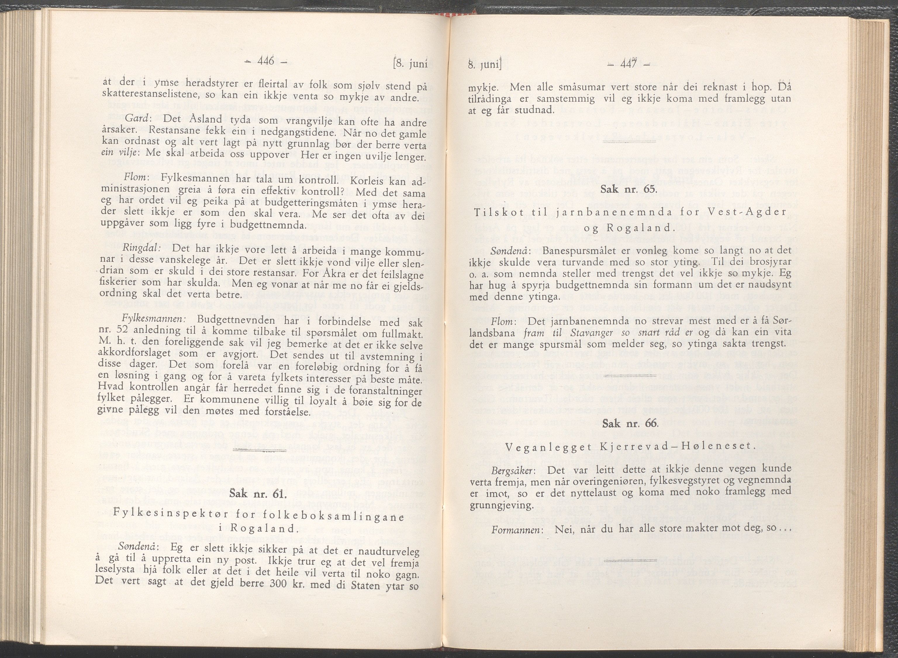 Rogaland fylkeskommune - Fylkesrådmannen , IKAR/A-900/A/Aa/Aaa/L0055: Møtebok , 1936, p. 446-447