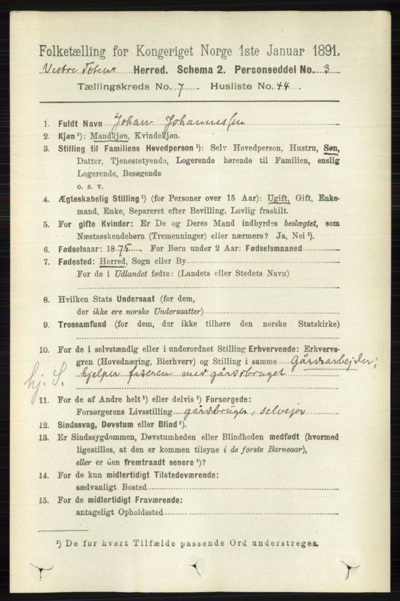 RA, 1891 census for 0529 Vestre Toten, 1891, p. 4617