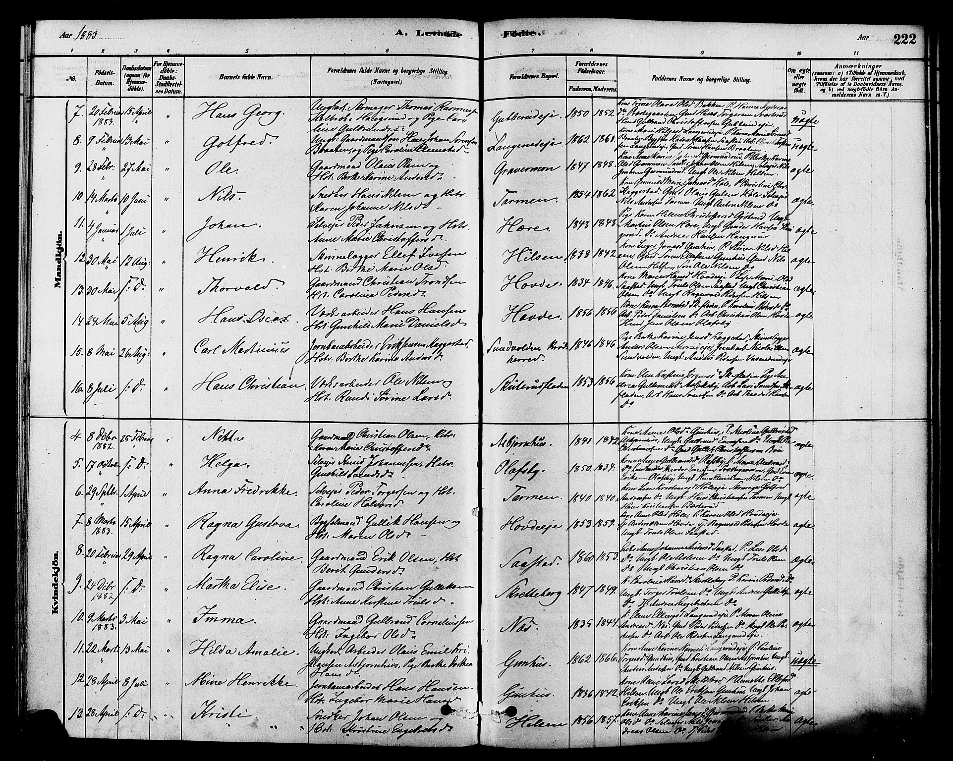 Modum kirkebøker, SAKO/A-234/F/Fa/L0015: Parish register (official) no. 15 /2, 1877-1889, p. 222