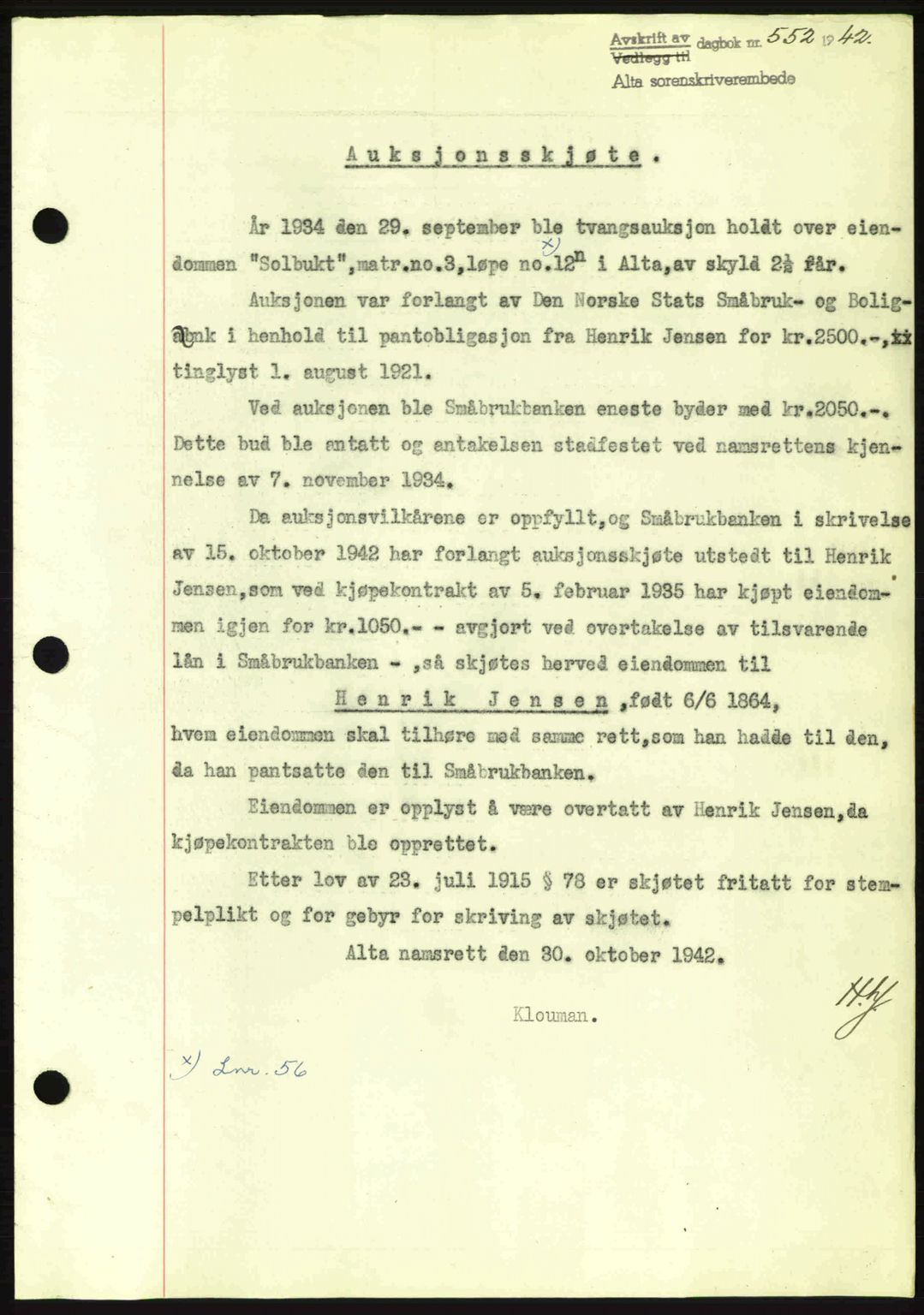 Alta fogderi/sorenskriveri, SATØ/SATØ-5/1/K/Kd/L0033pantebok: Mortgage book no. 33, 1940-1943, Diary no: : 552/1942