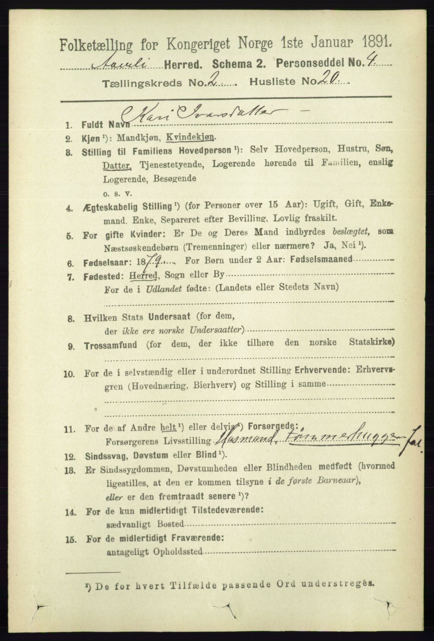 RA, 1891 census for 0929 Åmli, 1891, p. 292