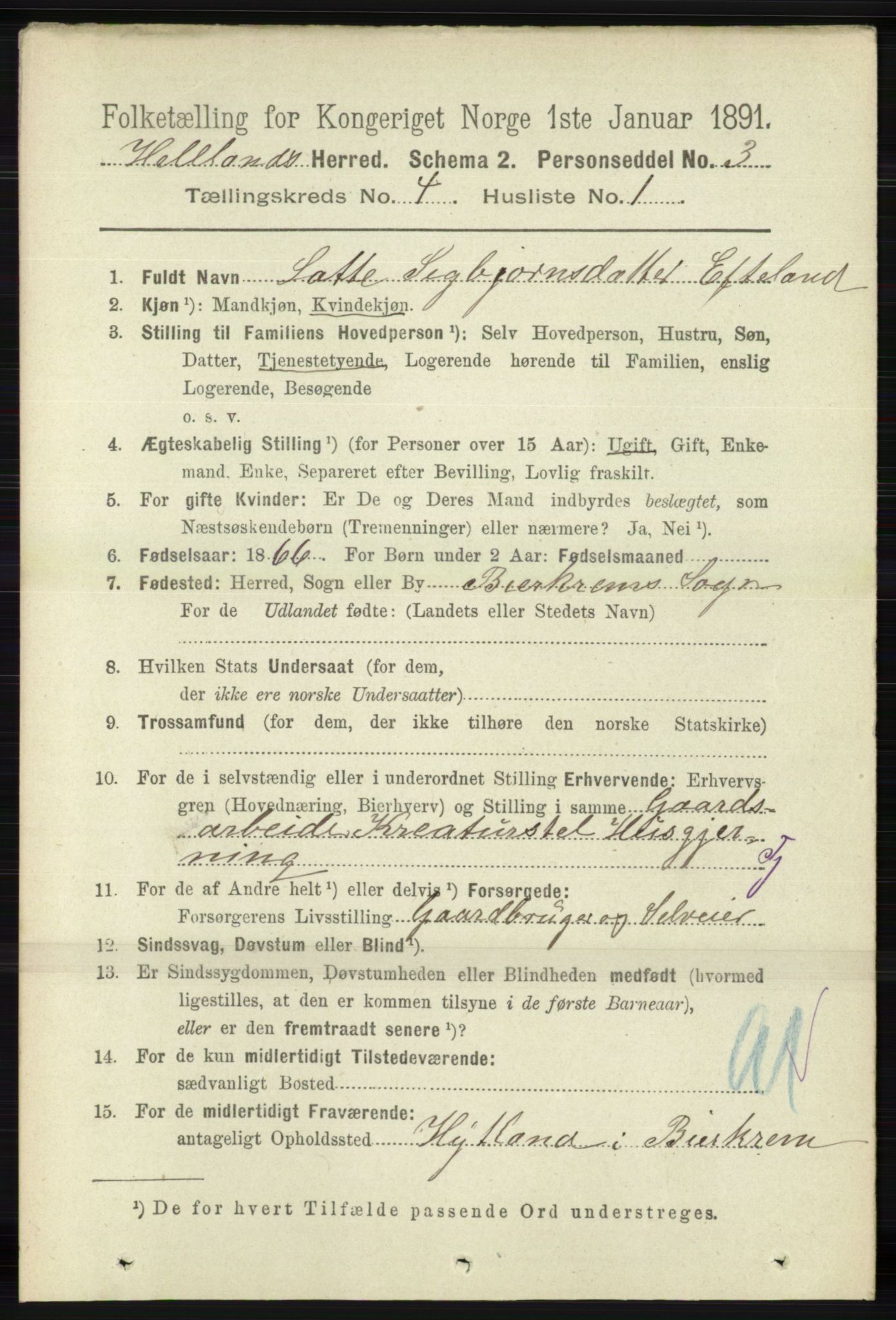 RA, 1891 census for 1115 Helleland, 1891, p. 1156