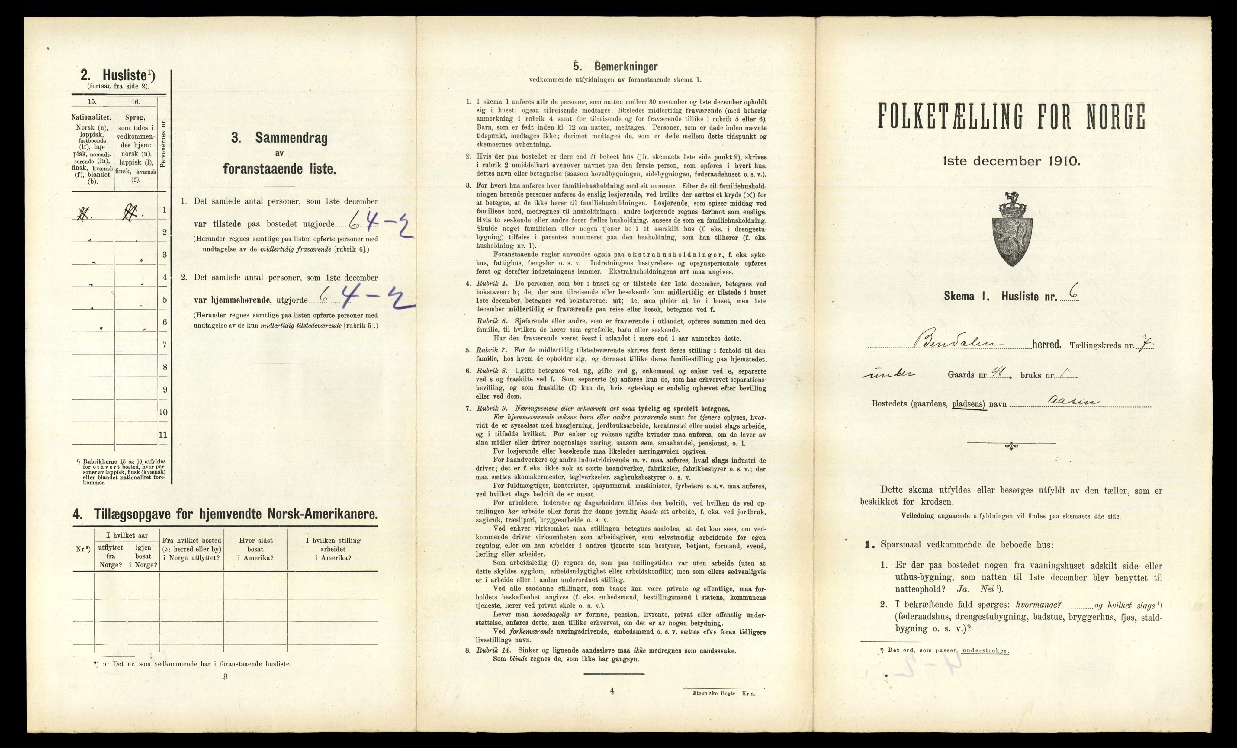 RA, 1910 census for Bindal, 1910, p. 658