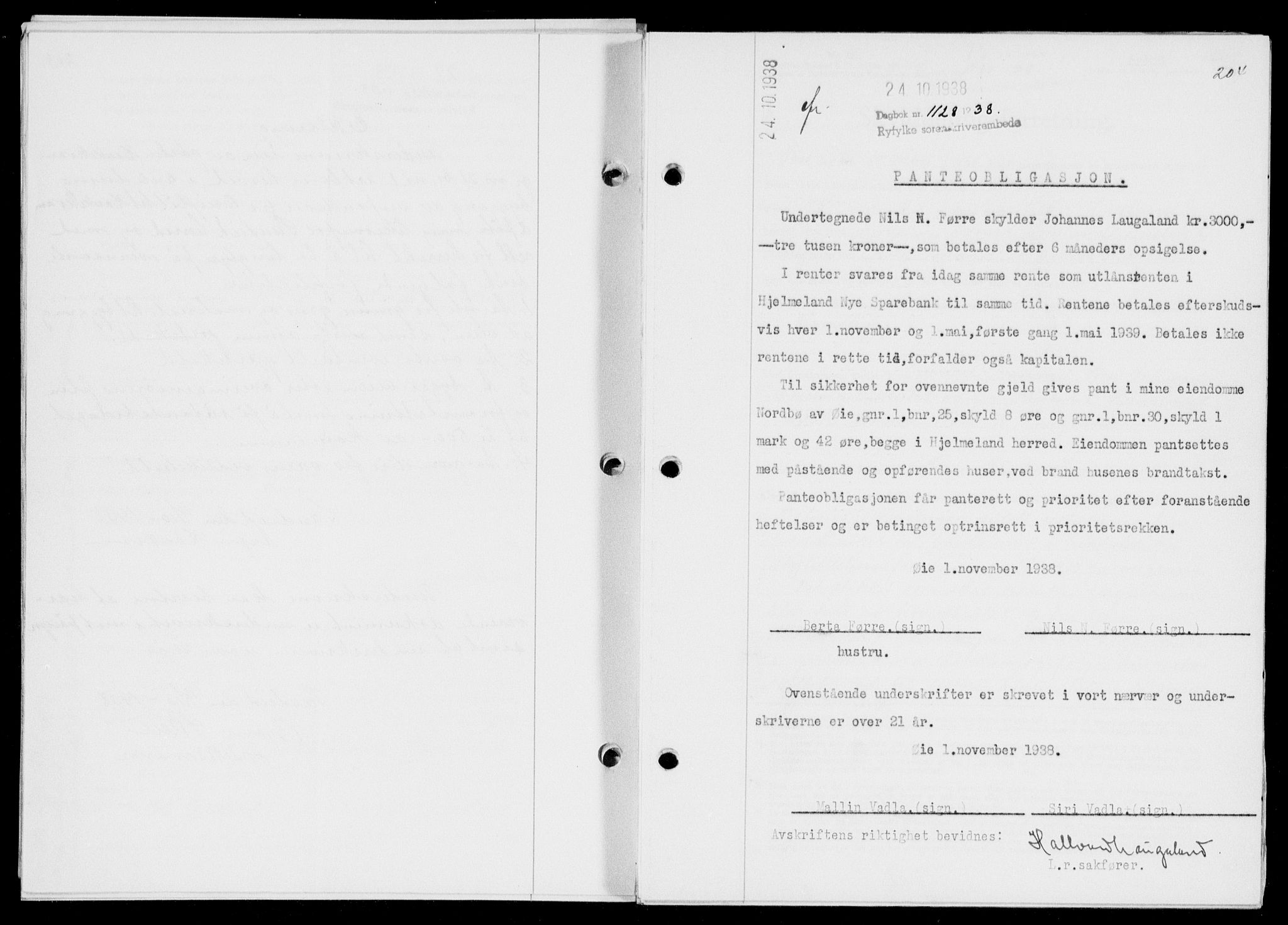 Ryfylke tingrett, SAST/A-100055/001/II/IIB/L0078: Mortgage book no. 57, 1938-1938, Diary no: : 1128/1938