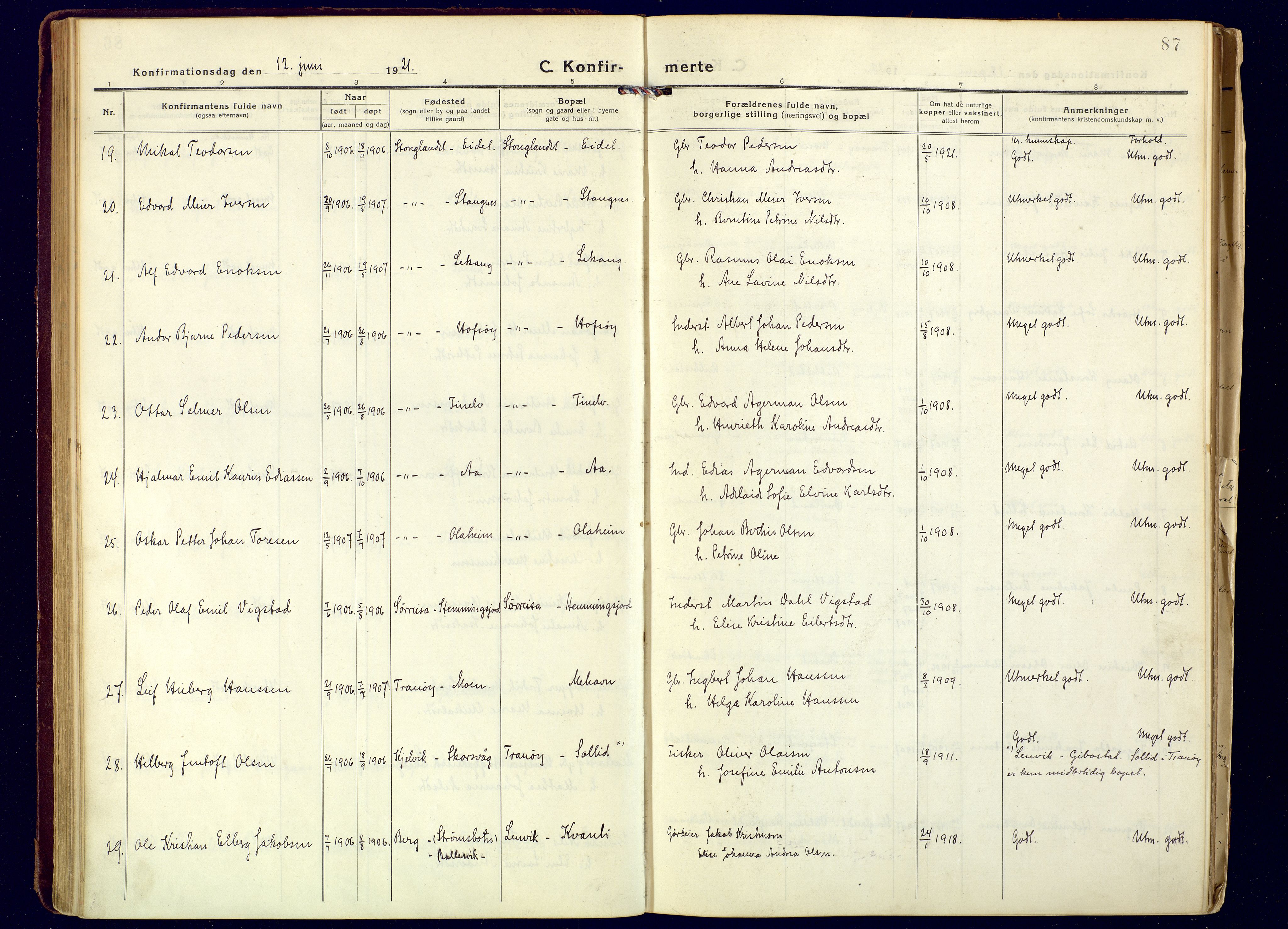 Tranøy sokneprestkontor, AV/SATØ-S-1313/I/Ia/Iaa/L0016kirke: Parish register (official) no. 16, 1919-1932, p. 87